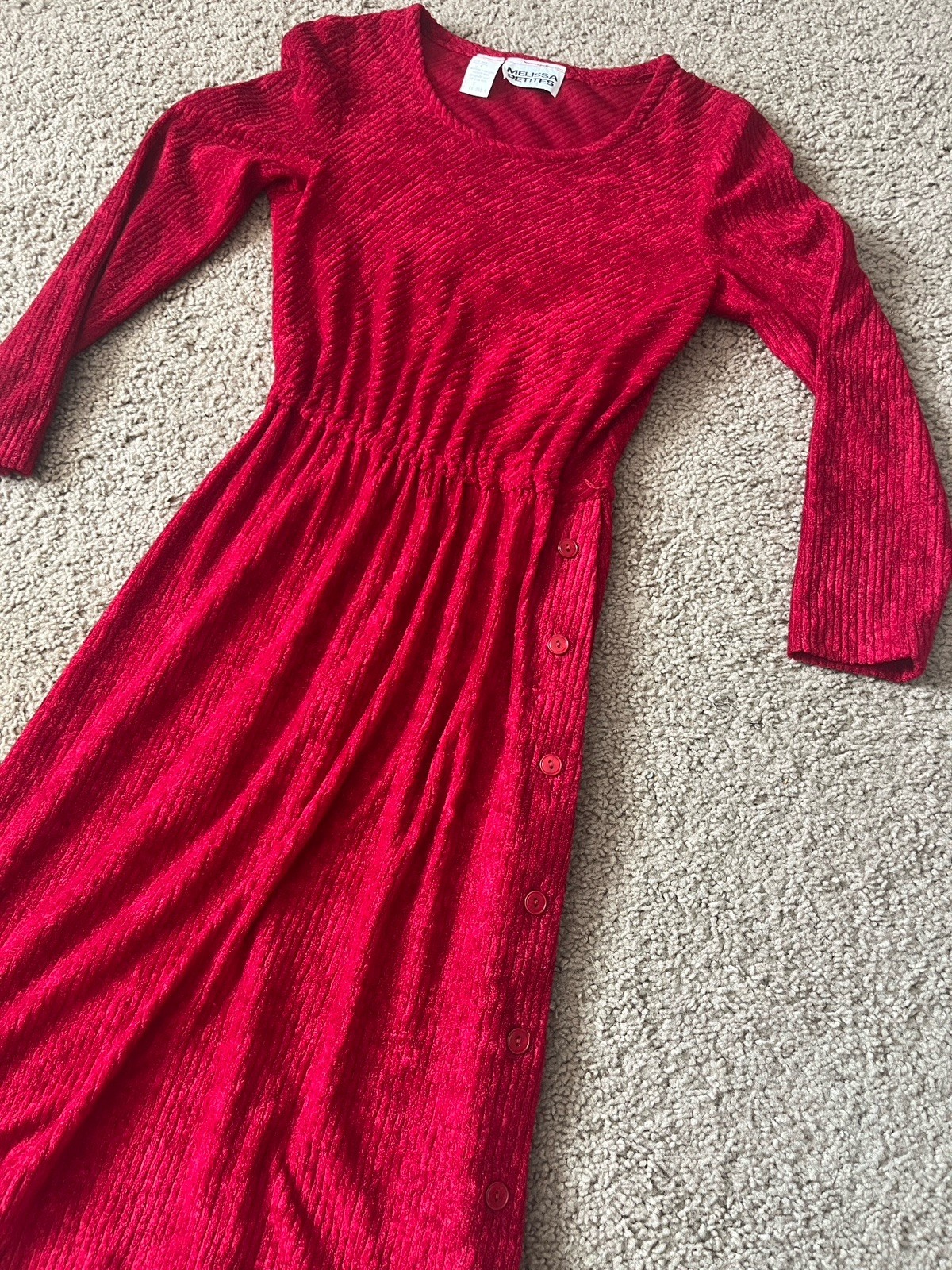 Vintage 80s Melissa Petites Red Knit Midi Dress Side Buttons Size 6