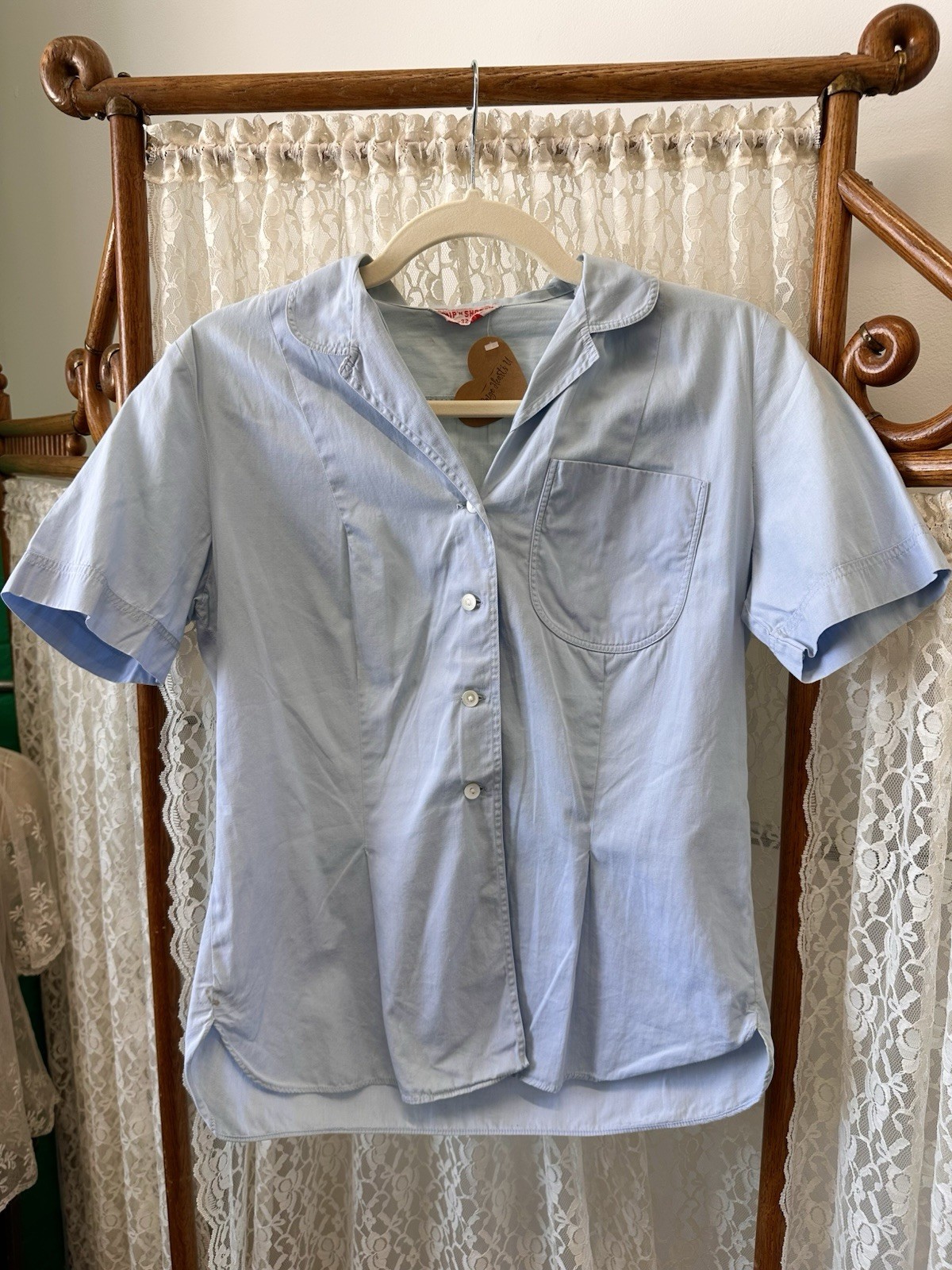 Vintage 50s Light Blue Short Sleeve Button Down Pleated Ship N Shore Medium