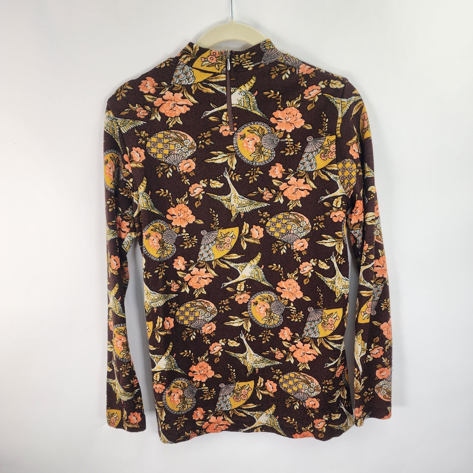 Vintage NYLTest Boucle Mock Neck Pullover Top Women&rsquo;s Brown Floral 1970s Germany