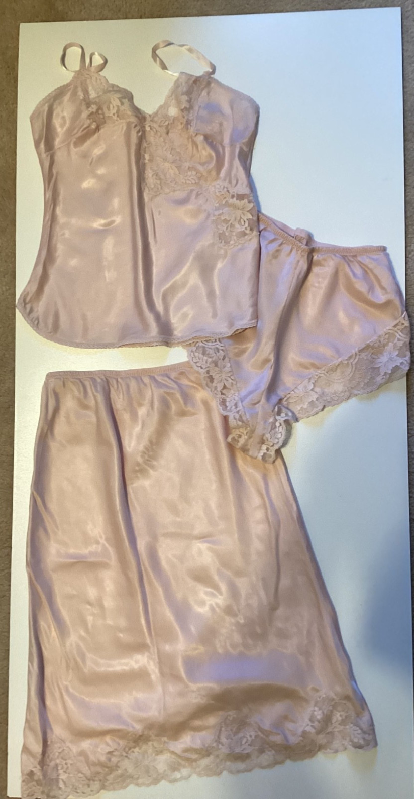 3 pc Set VTG Wonder Maid Pearl Pink Satin & Lace Cami + Shorts + Slip Sz S