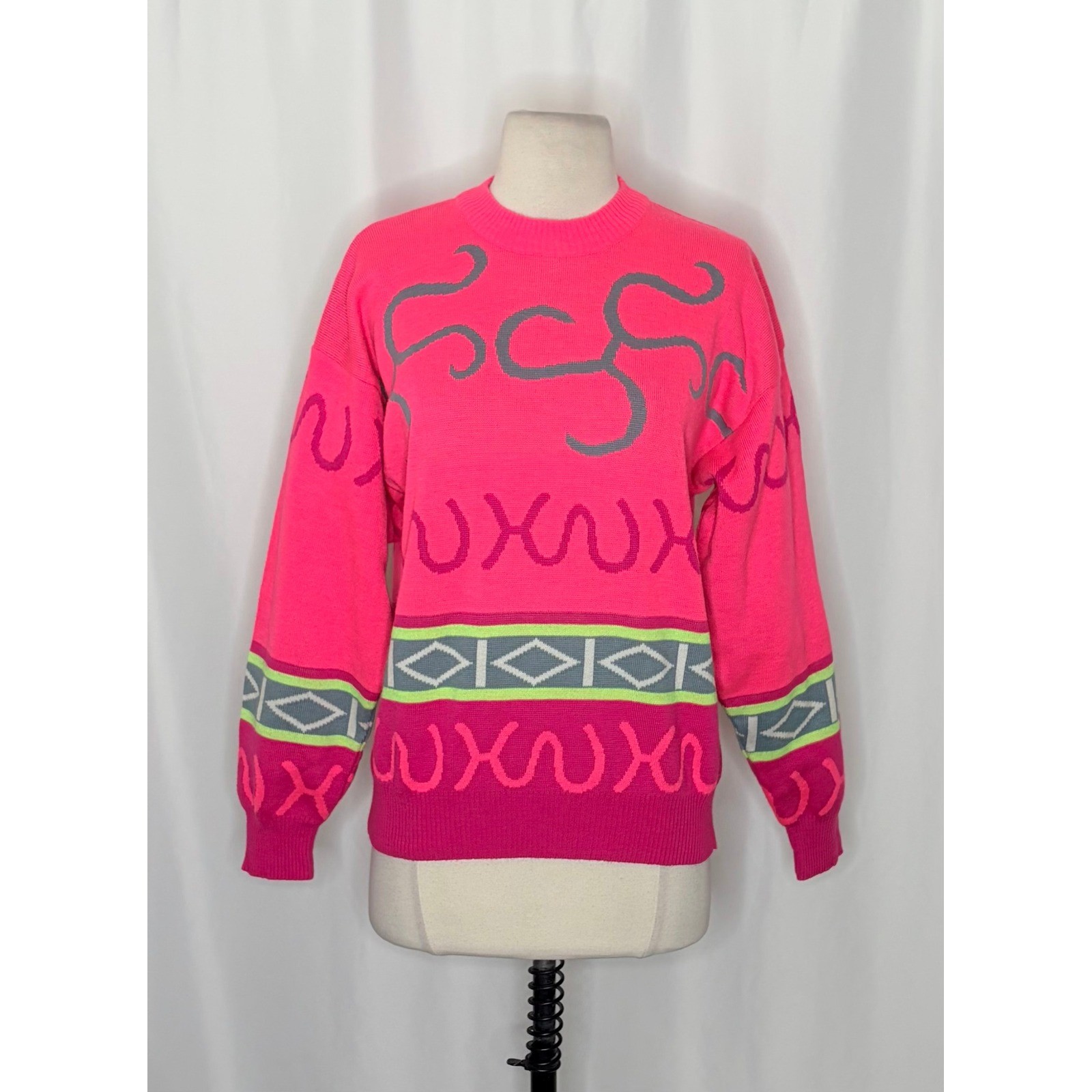 Vintage SUMMIT COUNTY Sporty Wool Blend Crew Neck Sweater Pink Colorful Medium