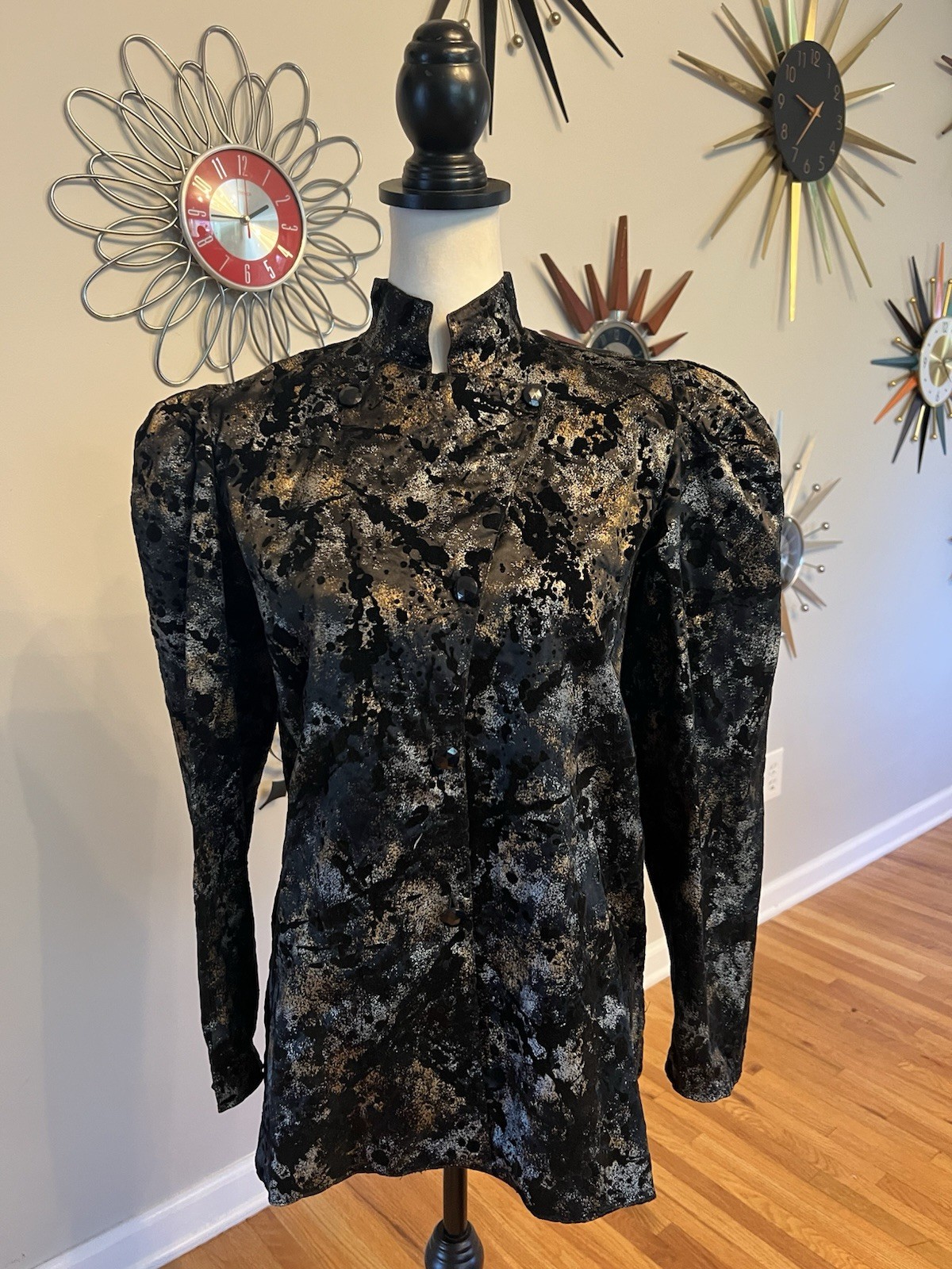 VTG 1980 New Romantics Top Paris Velvet Flocked High Neck M/L Metallic