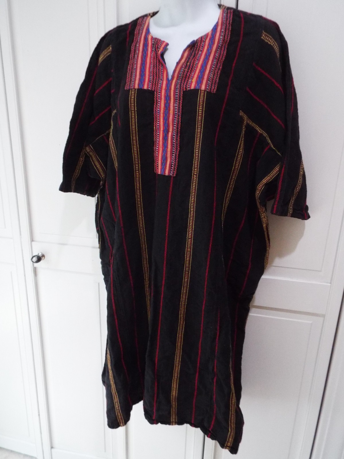 VTG india cotton caftan boho hippie grunge festv black red gold dress 54&Prime; GAUZE