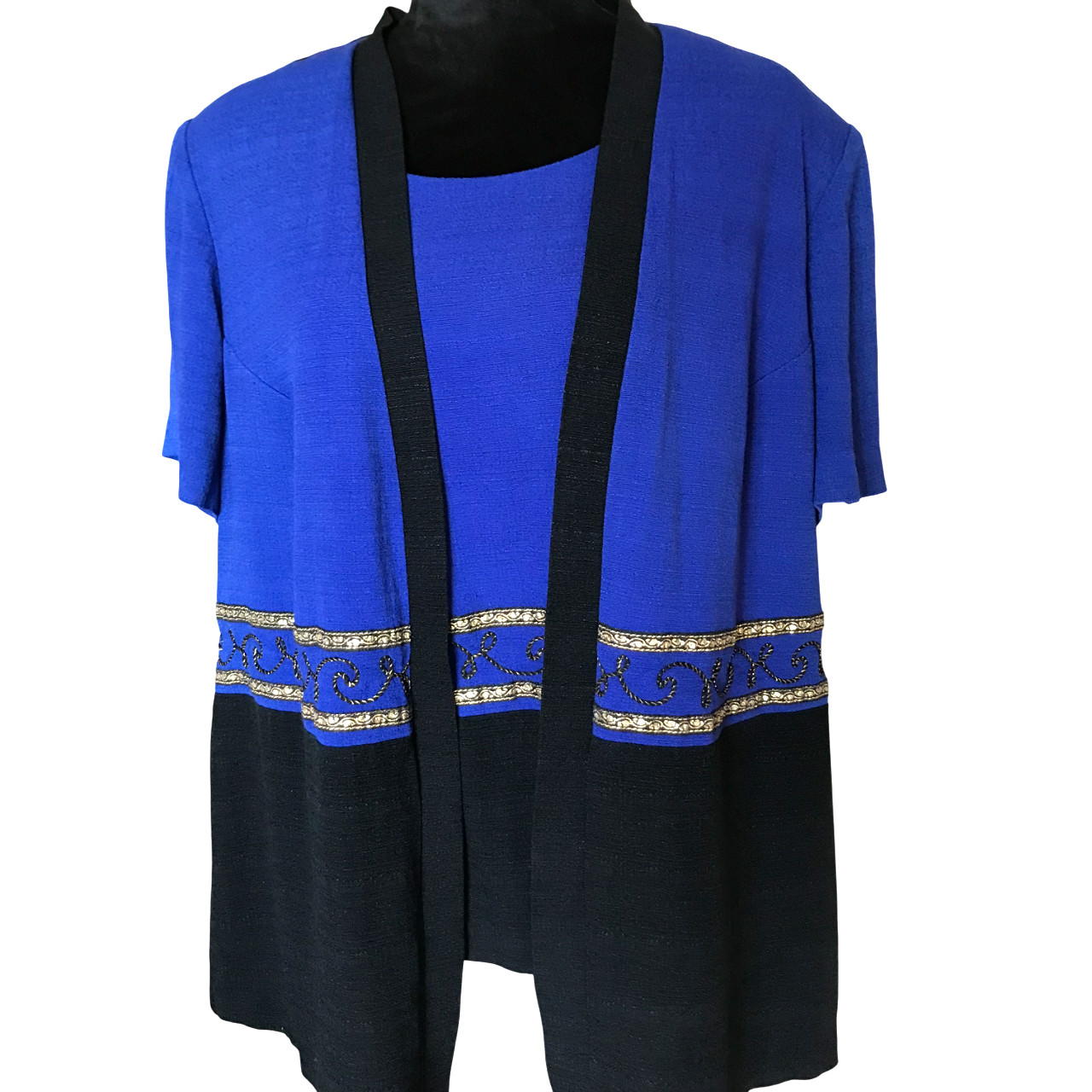VTG 80s Color Block Tunic R&M Richards, Blue Black Long Top Gold Trim Size 22WP