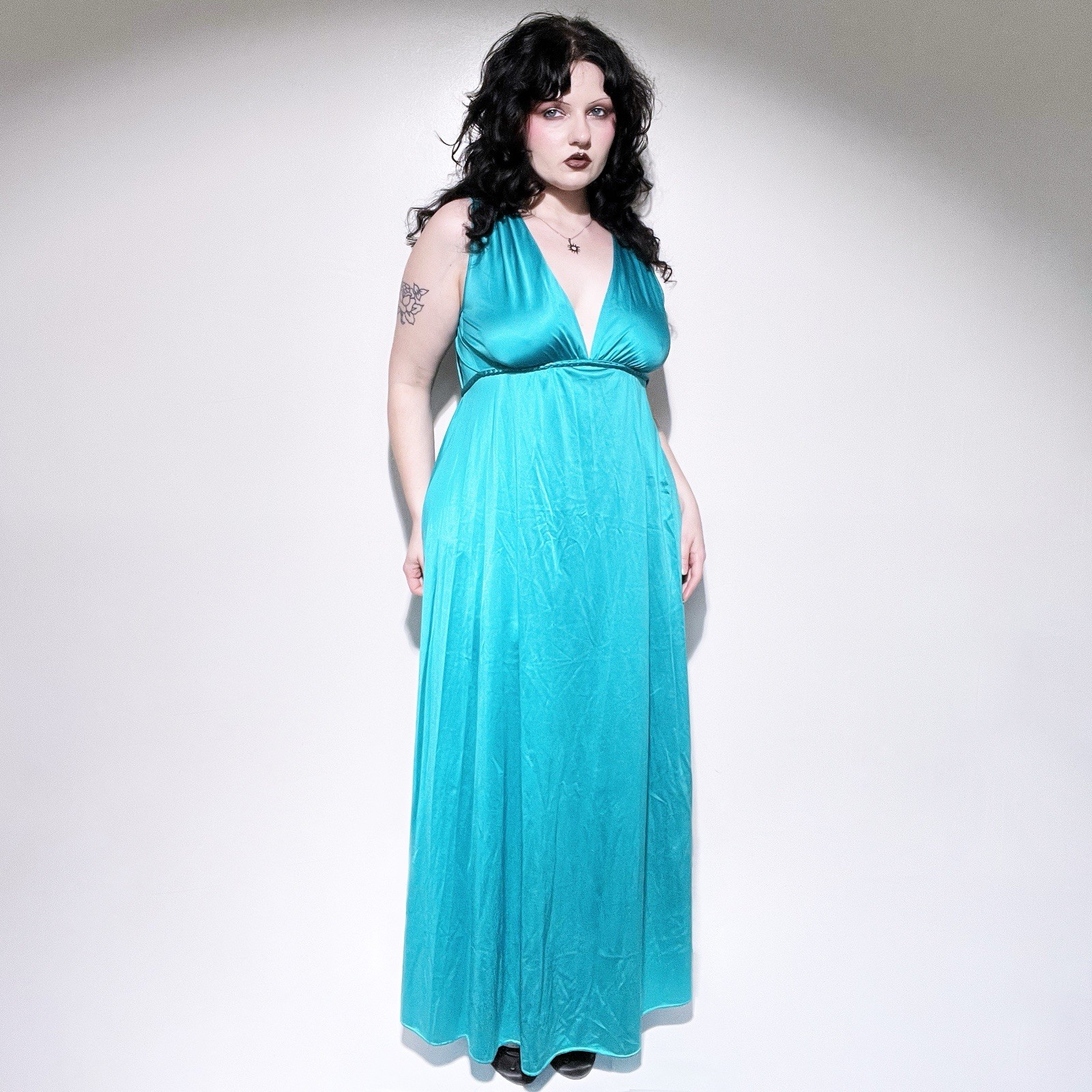Vintage 70s Vanity Fair Aqua Blue Satin Maxi Slip Dress with Braided Waist Tie M