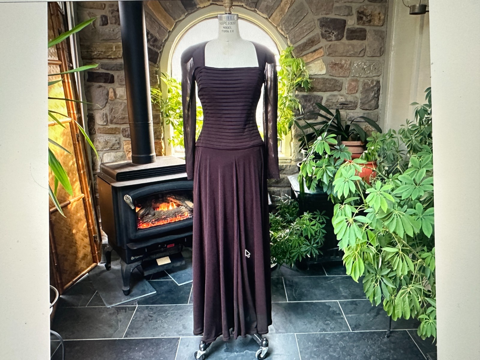 Vintage 1990s Tadashi Brown Formal Long Sleeve Knit Maxi Dress