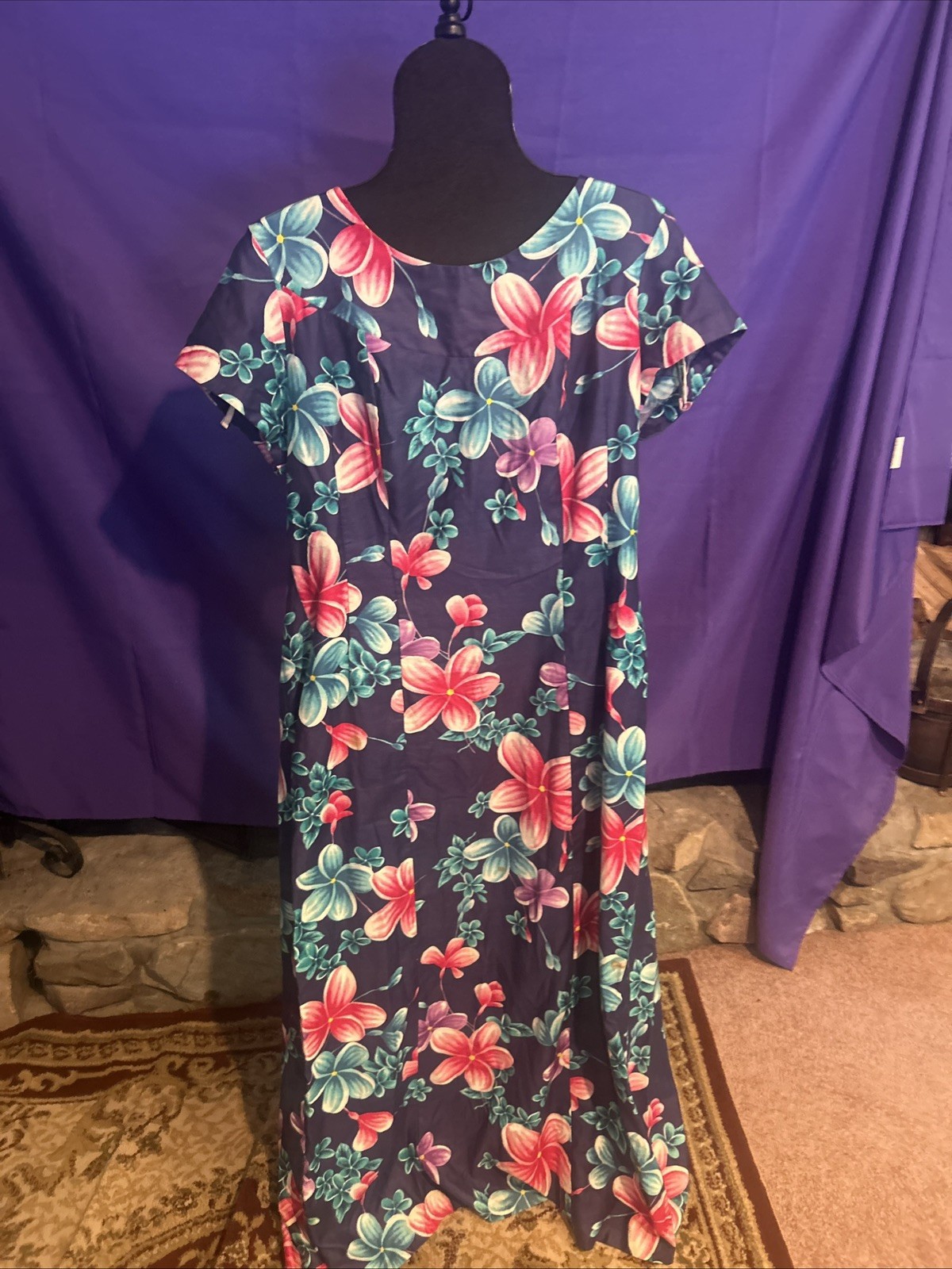 VTG 70s Hukilau Fashions MuuMuu Maxi Dress Blue Barkcloth Tiki Hawaiian Aloha 14