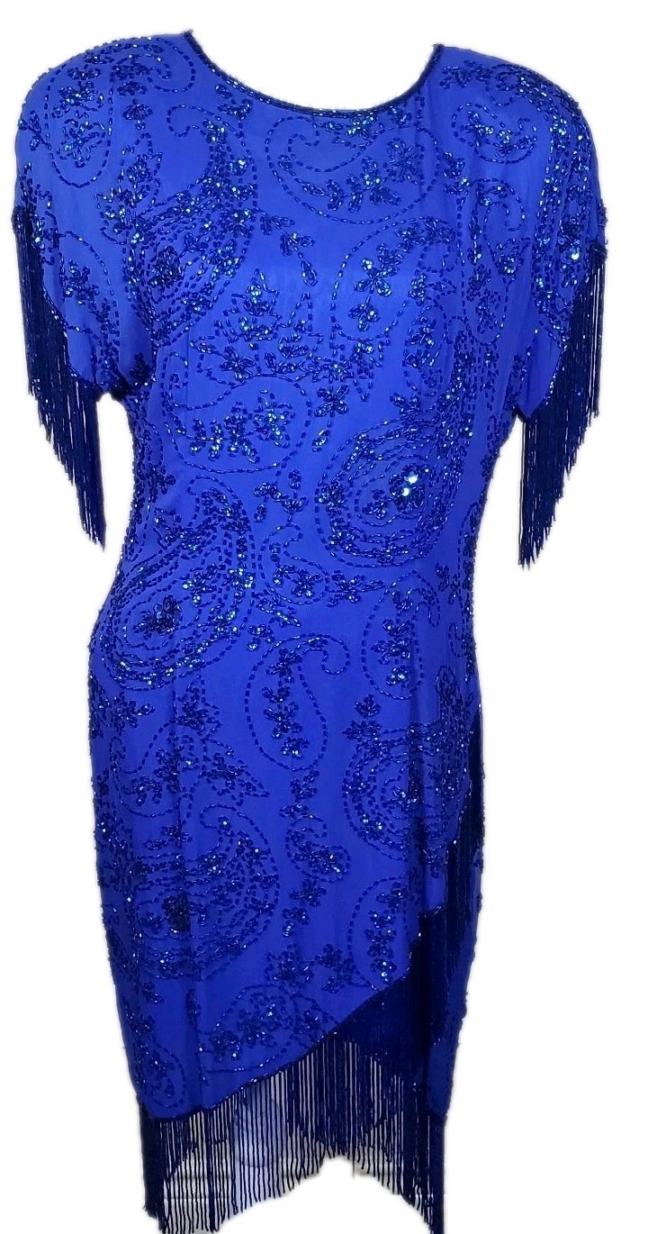 Vtg Black Tie OLEG CASSINI Royal Blue BEADED FRINGE silk Cocktail Dress, Sz 16