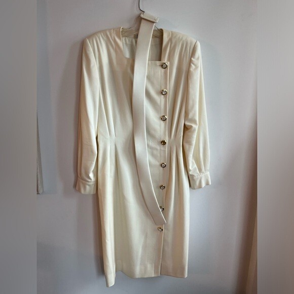 Vintage CELINE for Ira Berg Ivory Elegant Belted Long Sleeved Suit Dress WOOL 40