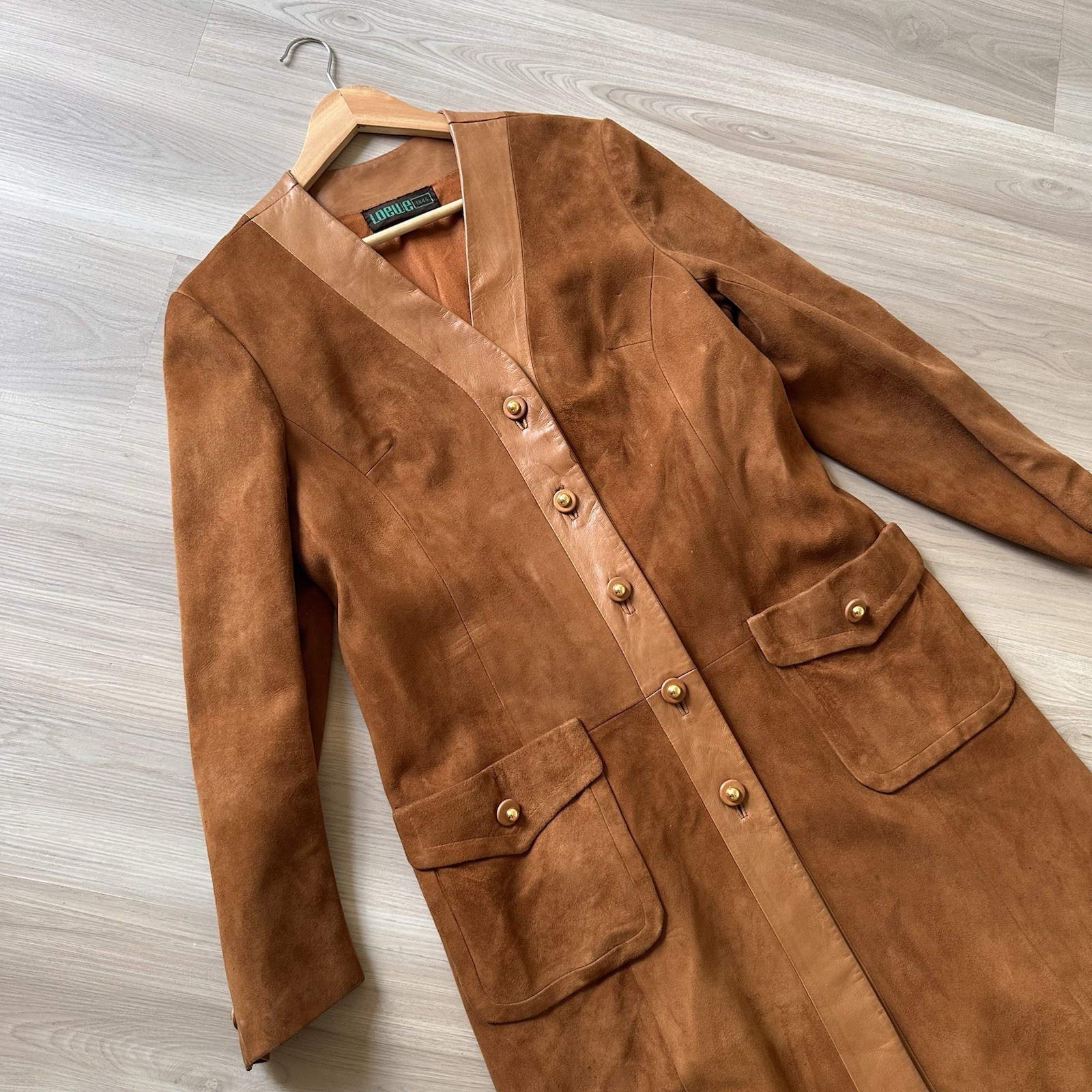 Vintage 1970s LOEWE Tan Suede Leather Maxi Coat Women&rsquo;s 41” Bust