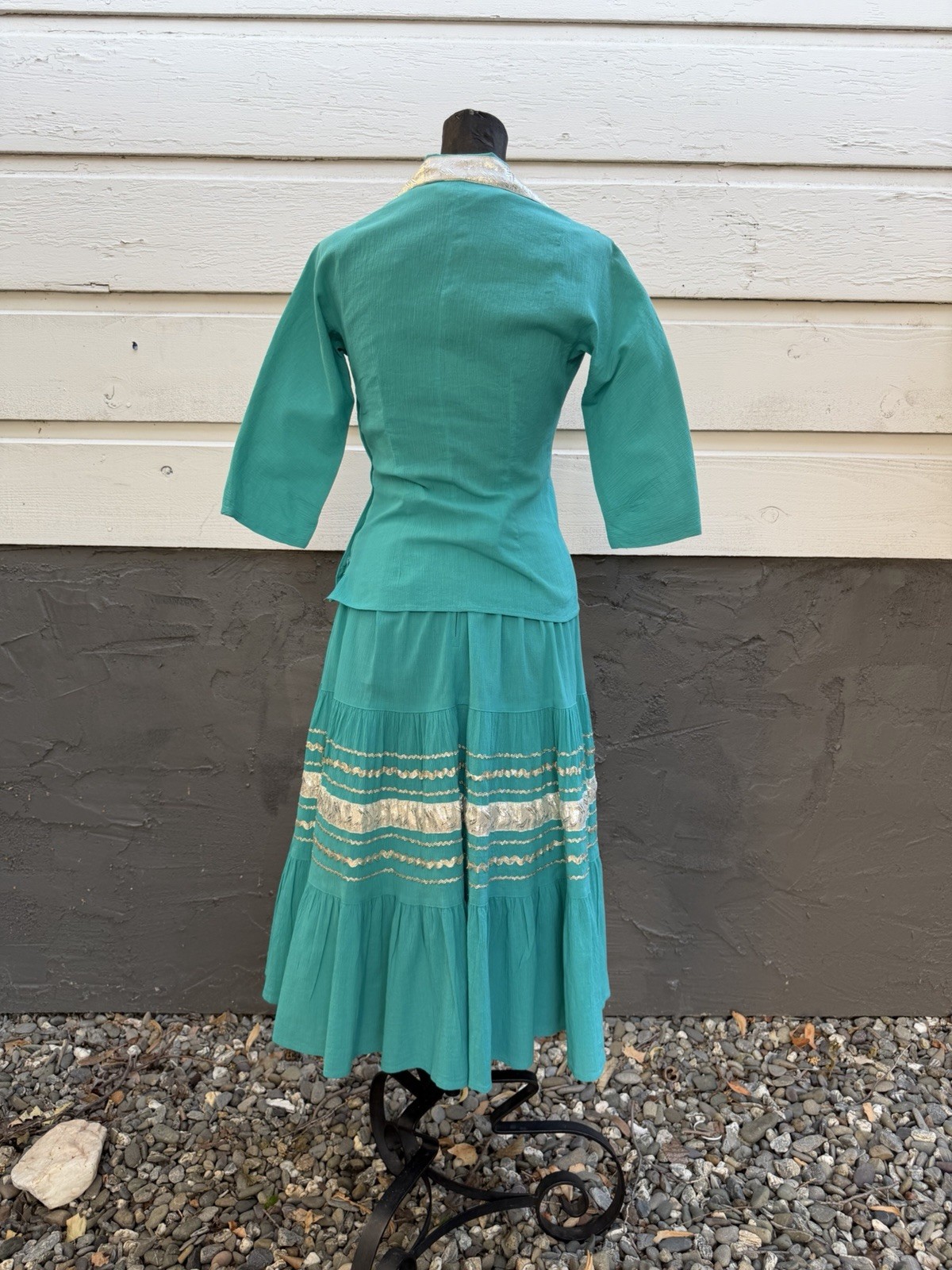 Vintage 1950s Western Patio Fiesta Dress 2Pc Ric Rac Circle Skirt Crinkle Cotton