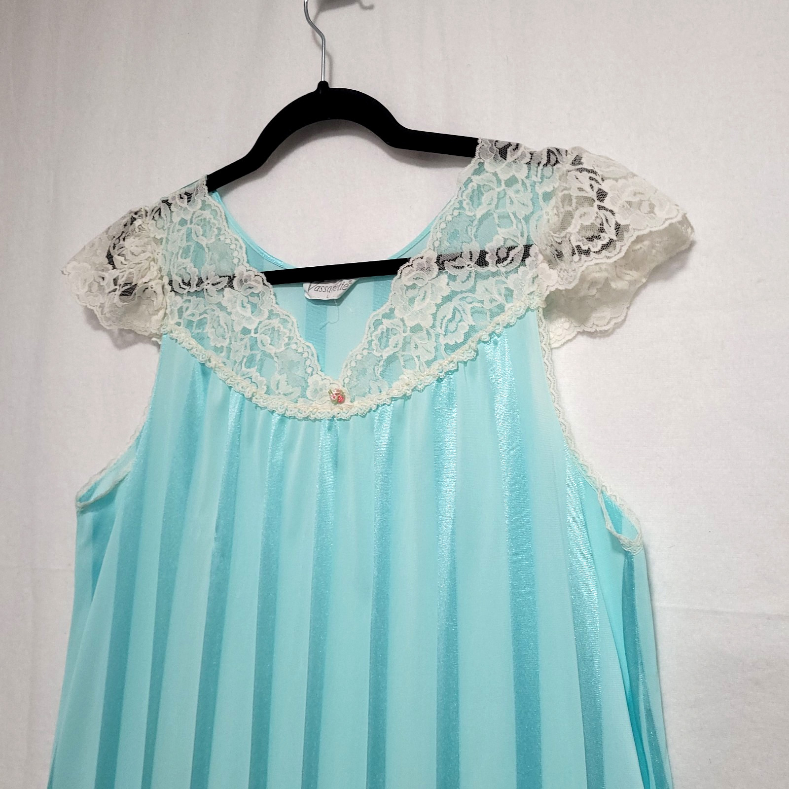 Vassarette Vtg Midi Satin Nightgown L Blue Monochrome Stripe Lace Cap Sleeve Fem