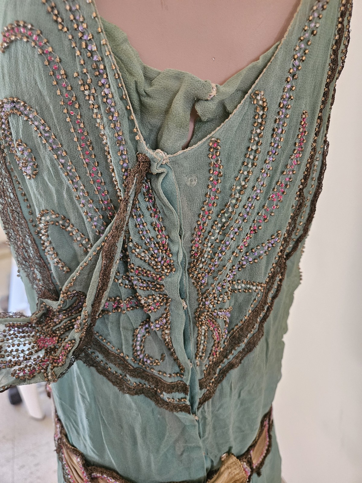 Antique 1920s French Beaded Flapper Dress Gold Lace Vintage Art Deco Bust 36