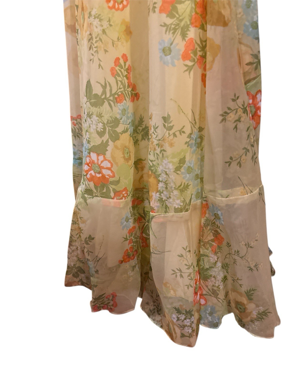 Vintage 70’s Bridesmaid Dress Sunny Yellow Floral Chiffon Floor Length 26” Waist