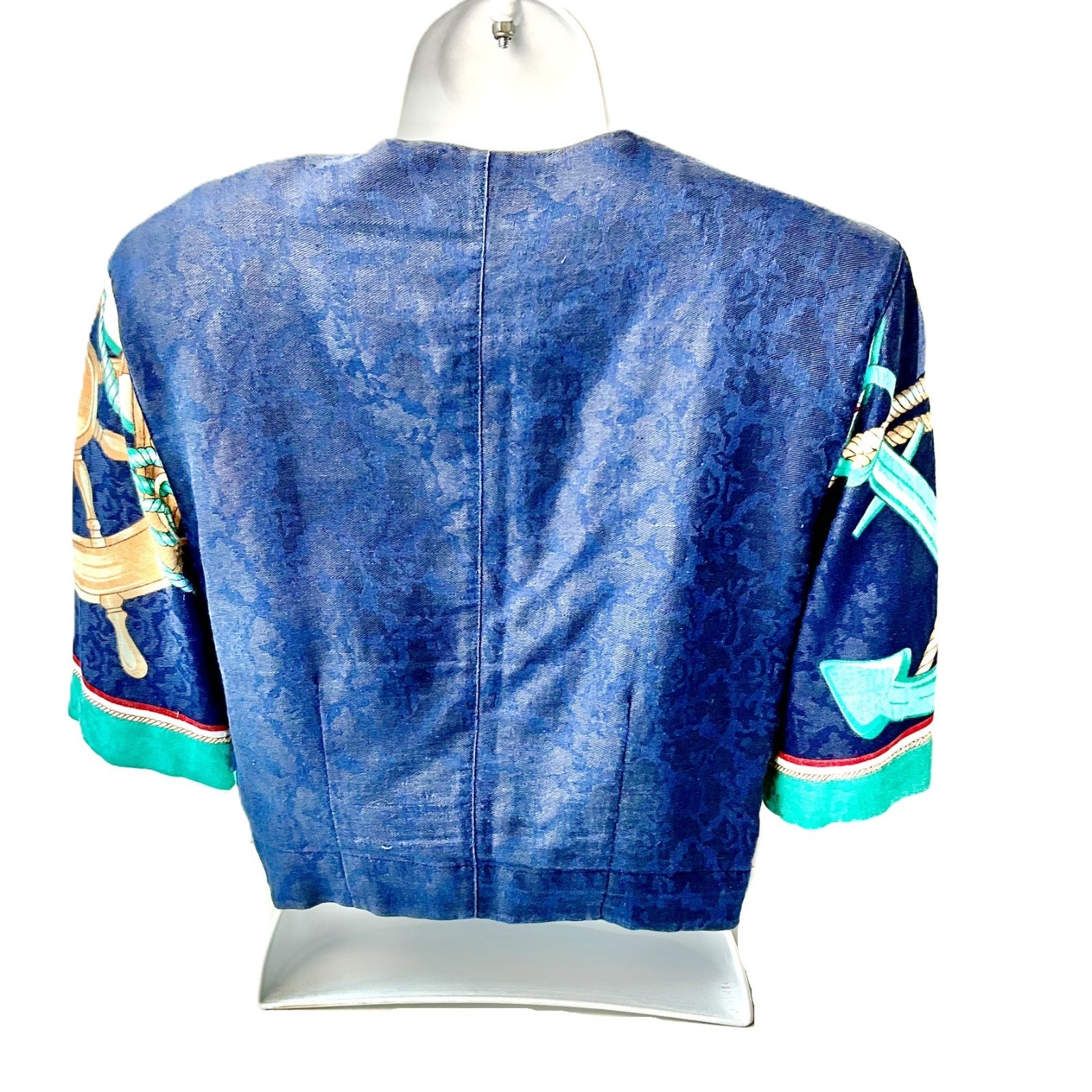 Vintage BYBLOS Nautical Print Copped Linen Blend Cardigan Jacket IT44 Italy