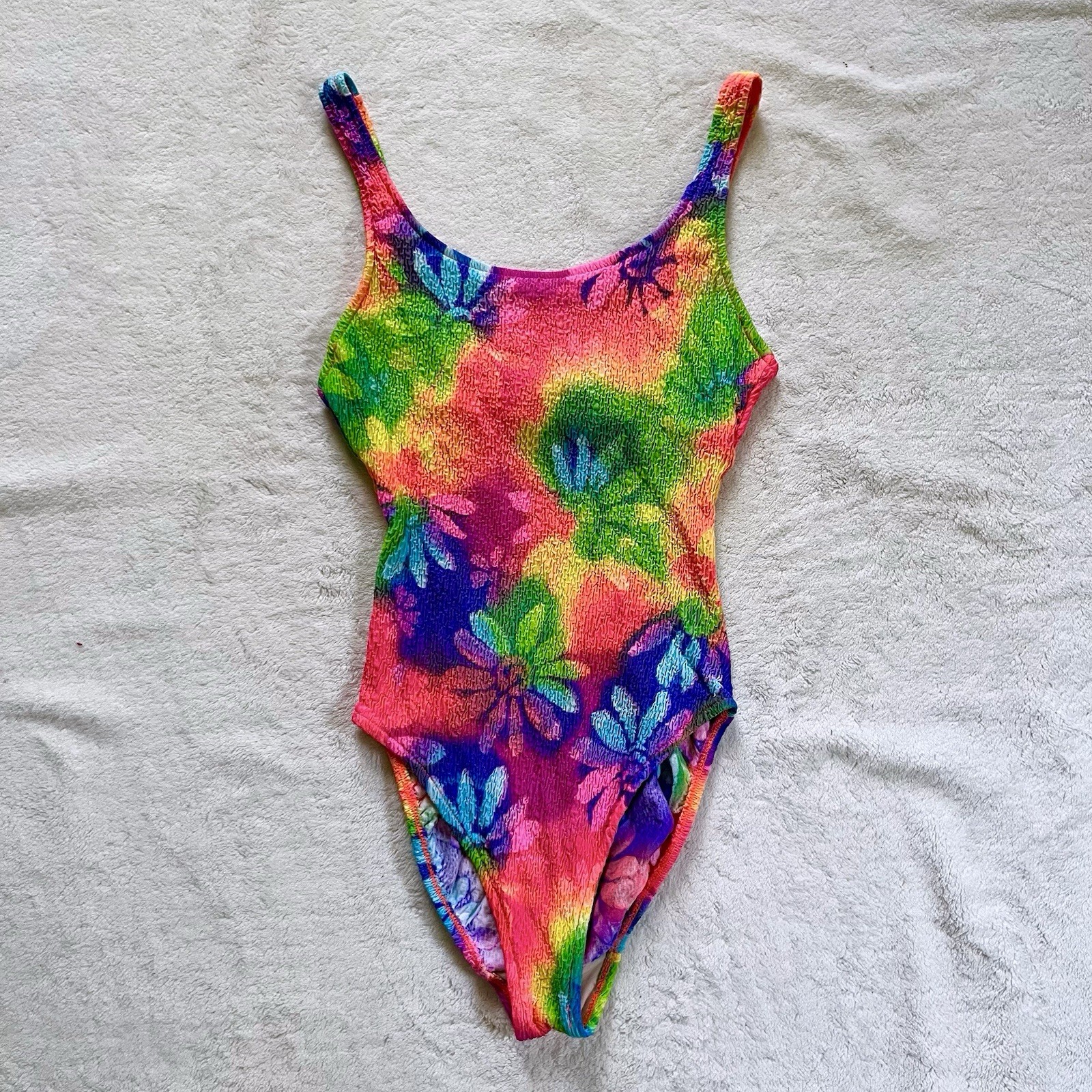 90s Vintage Multicolor Rainbow Floral High Cut One Piece Swimsuit Small