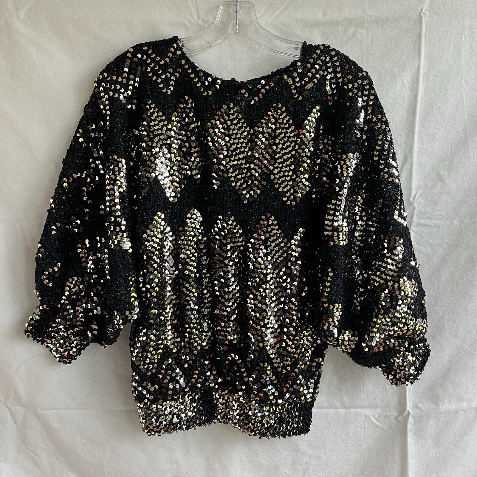 Vintage 80&rsquo;s disco night out bat wing sequined top, black and gold, Size S