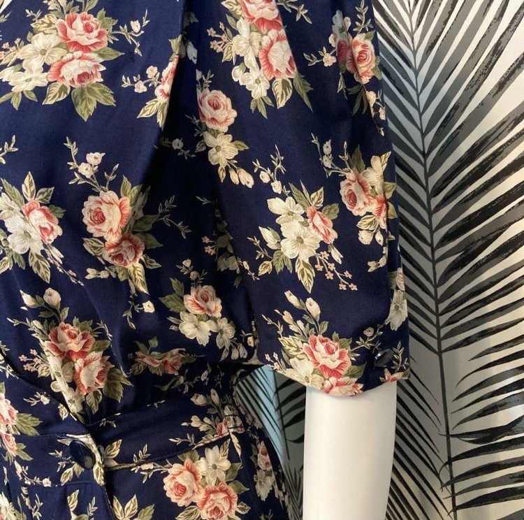 Vintage 1980’s Dark Floral Rose Print Midi Dress, Navy Blue and Pink, Size 12