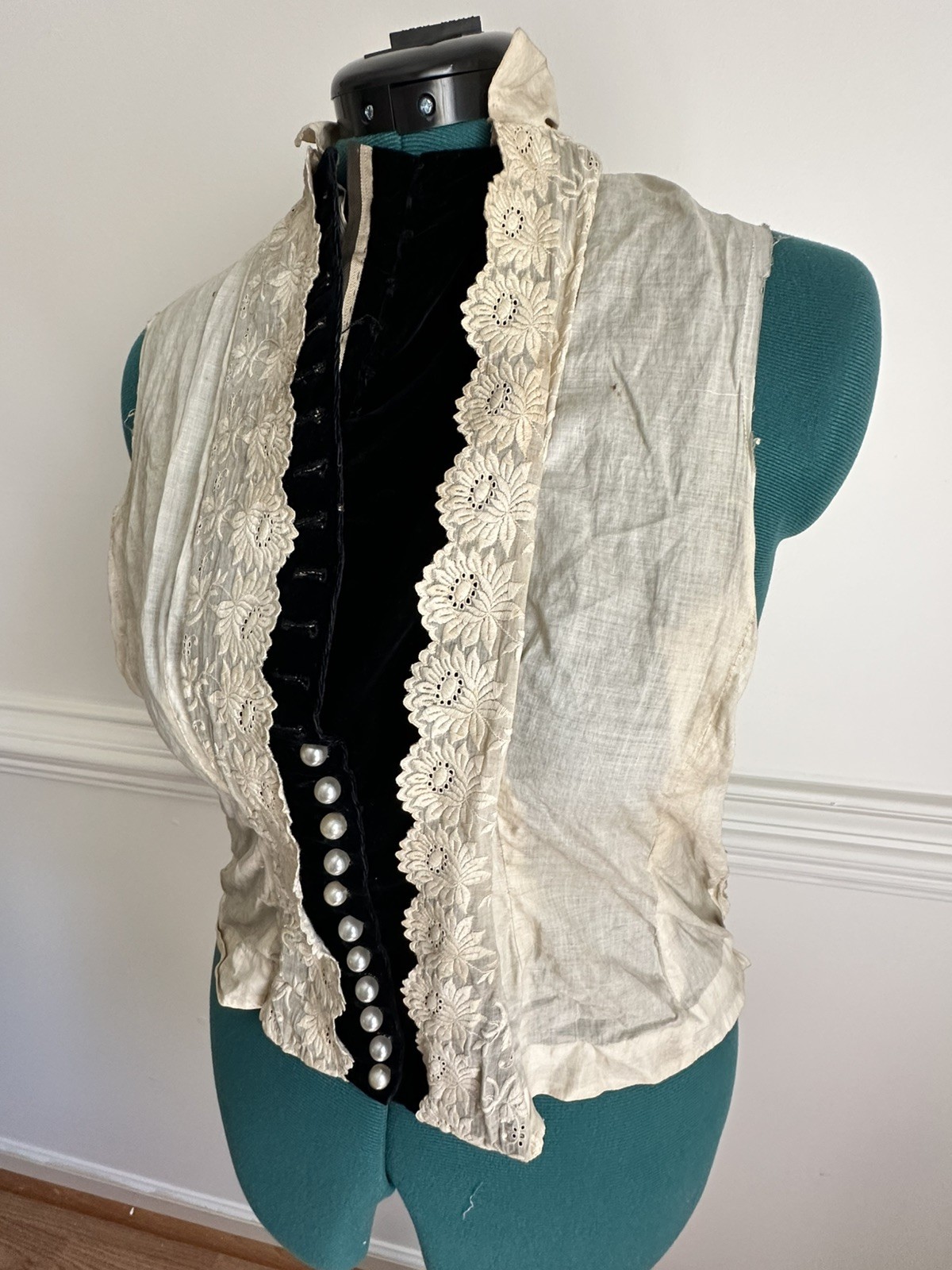 Antique Edwardian Victorian Under Bodice Dickie Lace Vest Black Velvet Pearl