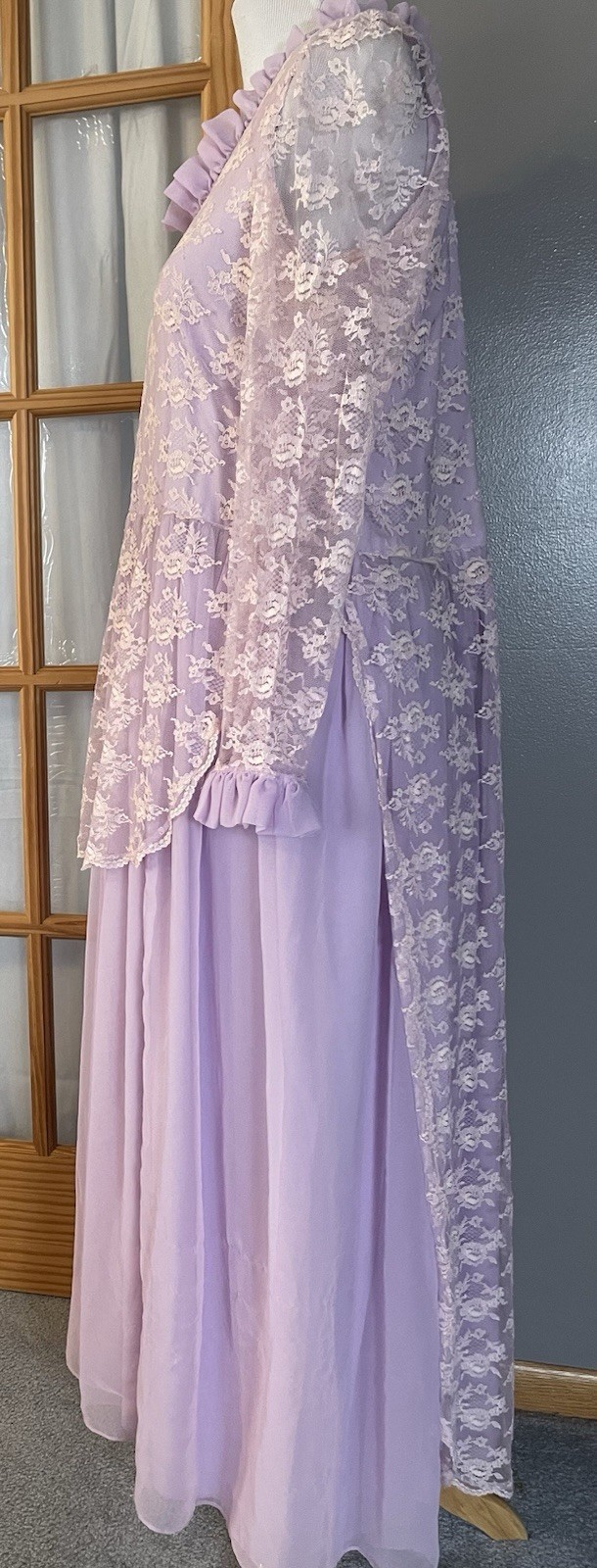 Vtg 70s Handmade Victorian Maxi Dress Sz L Lavender Floral Lace Overlay Prairie