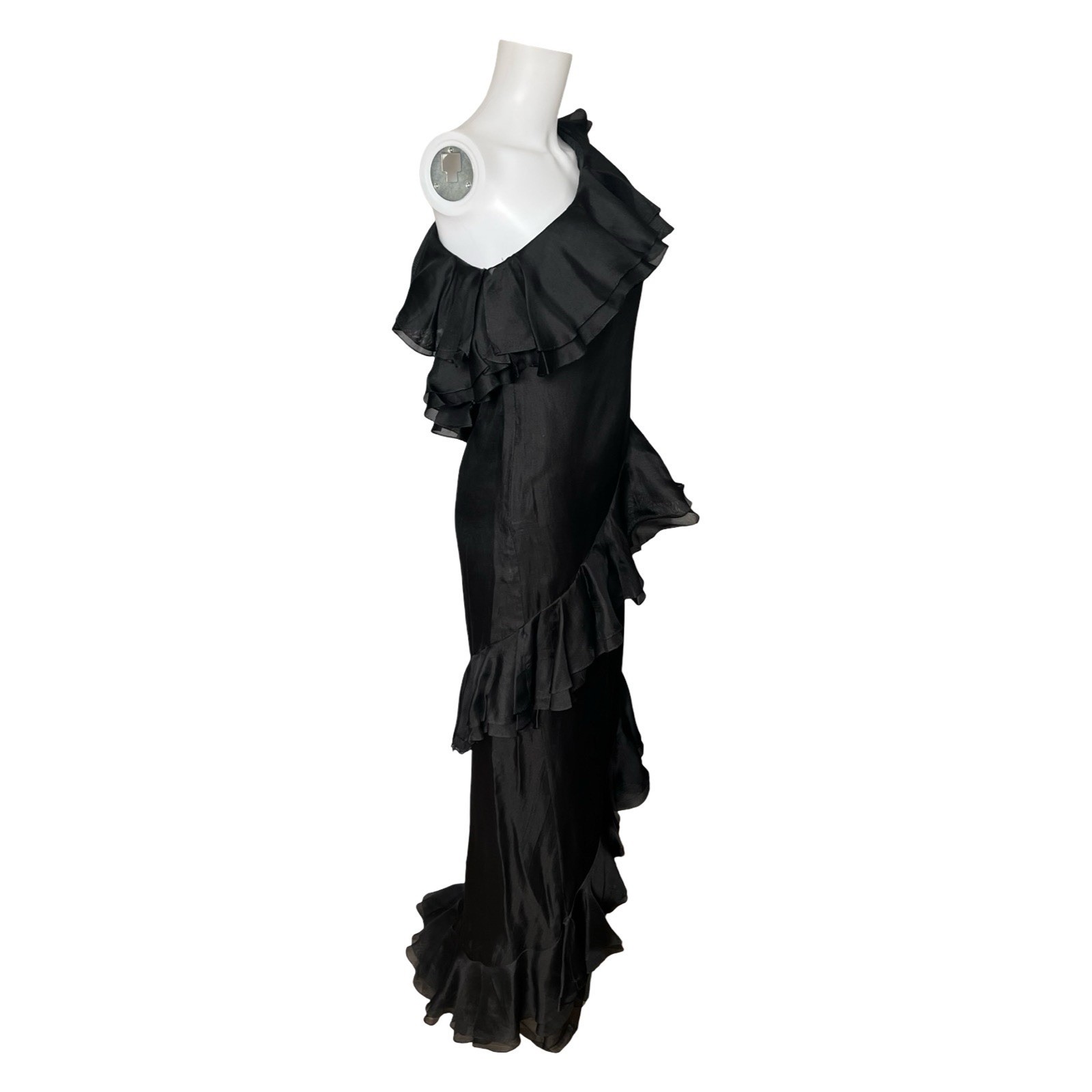 Vintage Bill Blass Black One Shoulder Evening Gown Dress Floor Length Ruffles