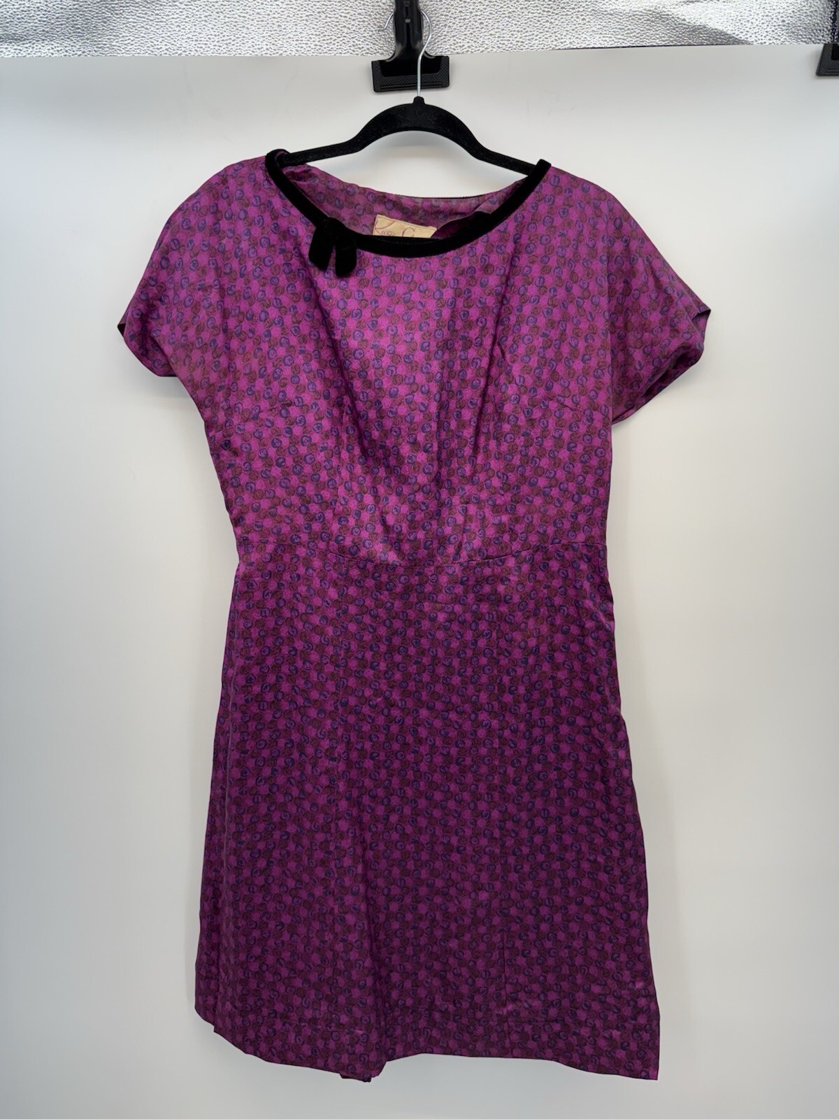 Vintage Kaye Greer Purple Short Sleeve Dress Velvet Collar Bow No Size Tag
