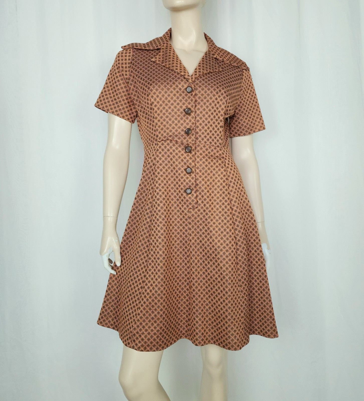 Vtg 70s shirt day dress brown copper M