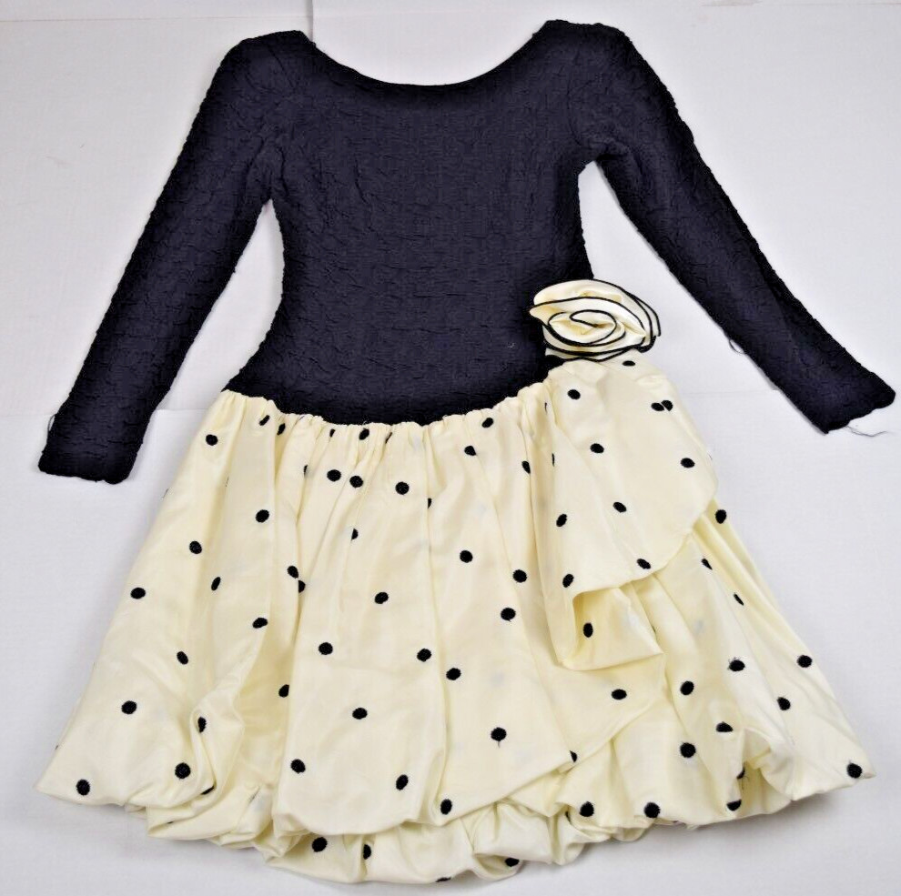 VTG Dress HW Collections Size 3/4 XS/S 80s Black White Crinkly Satin Polka Dots