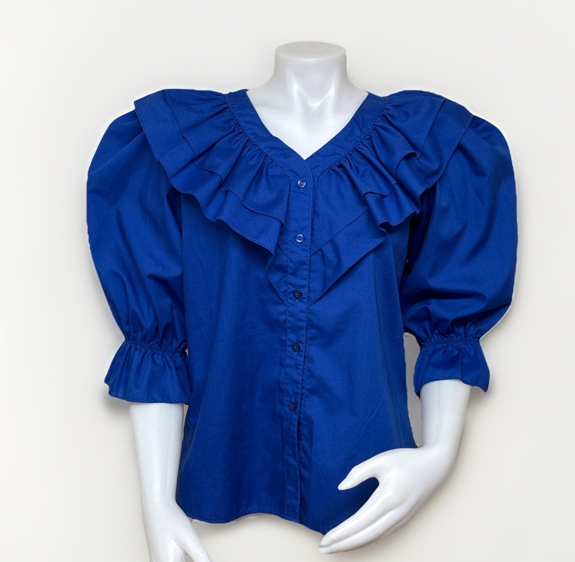 Vintage Malco Modes Blouse Womens Small Royal Blue Ruffle Collar Western Prairie
