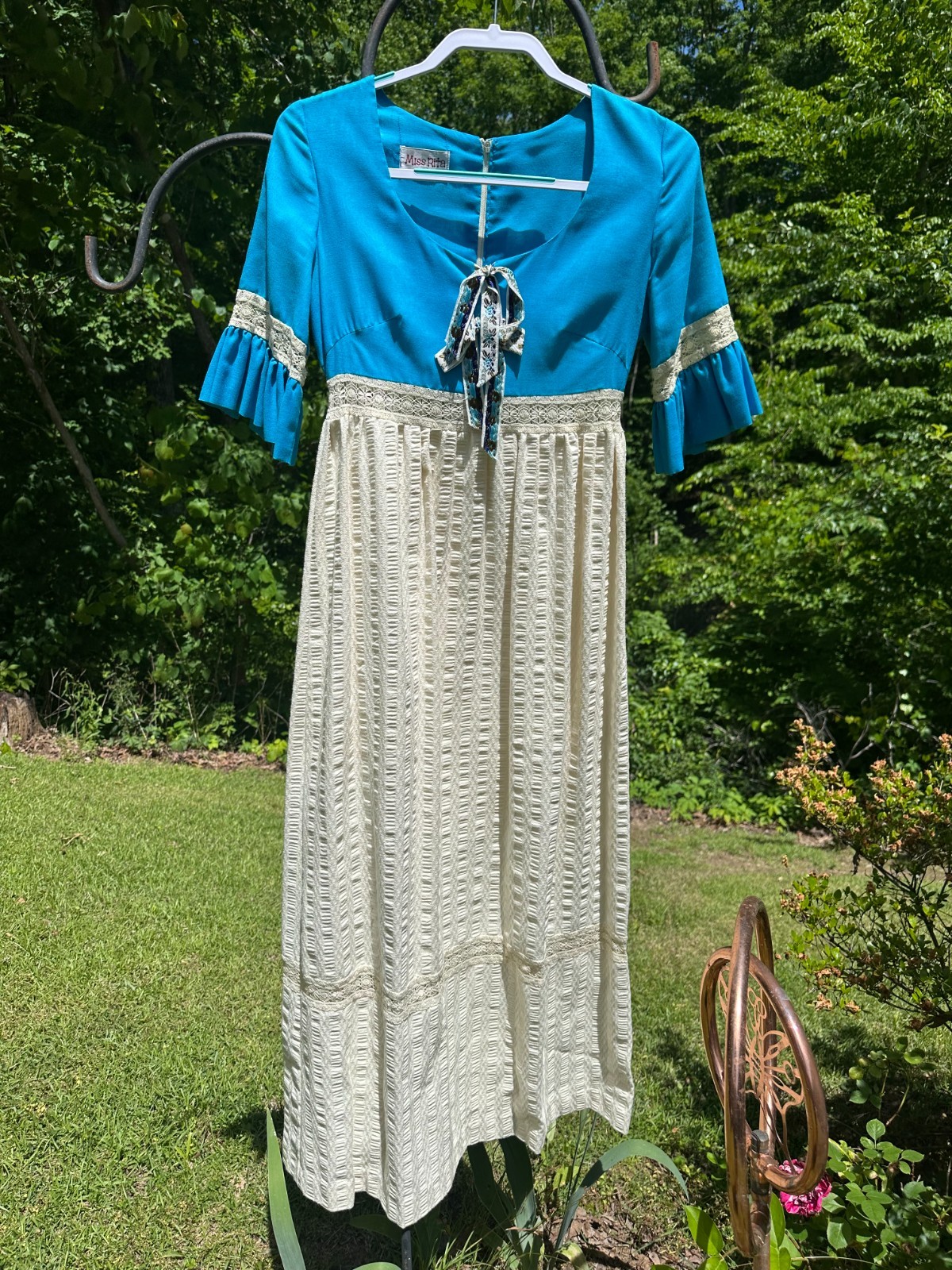 1970s Miss Rita Calif. Turquoise & Cream – Maxi, Lace, Seersucker Boho Dress