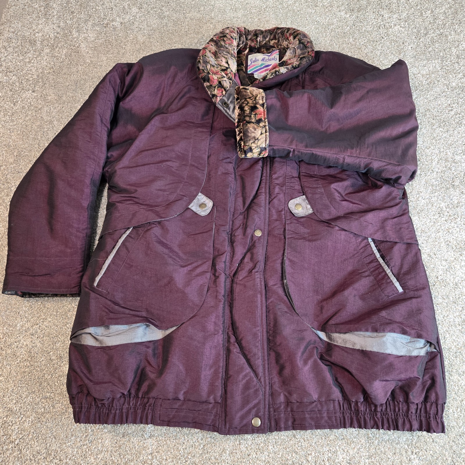 Julia Michaels Rare Vintage Womens Coat Plum Size L Vlevet Floral Poly Blend
