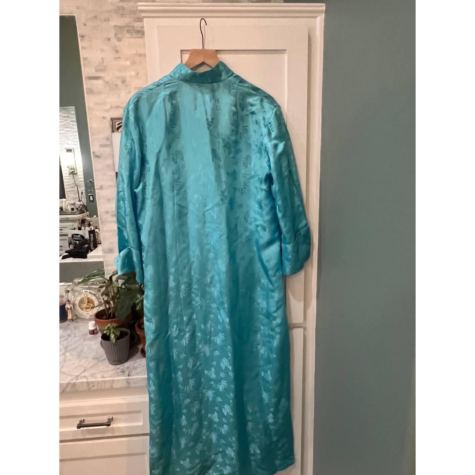 Vintage Cool BLue Silk Robe /Dressing Gown Floral Jacquard Old Money Luxury XL
