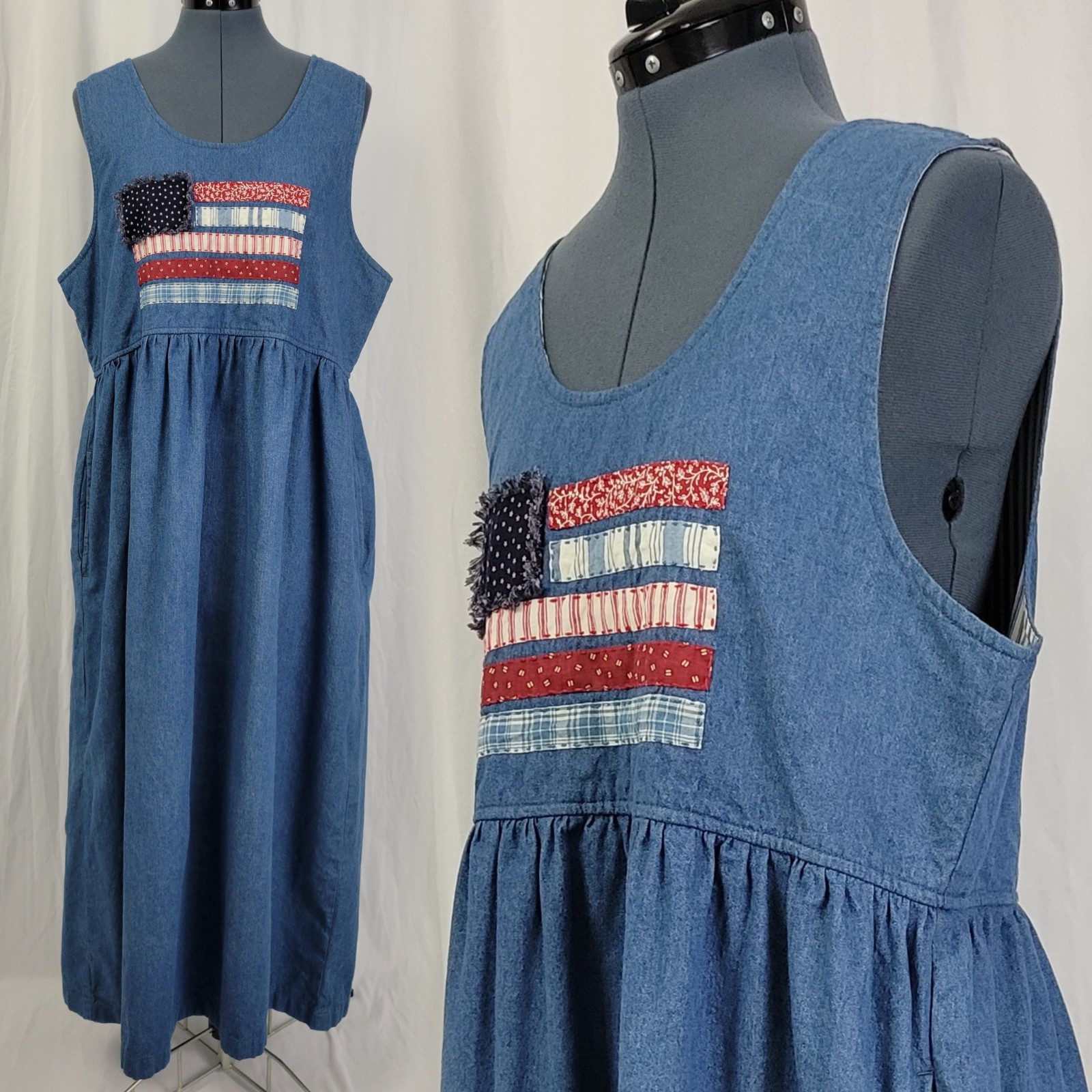 Vintage Susan Bristol Denim Jumper w Applique R/W/B Flag Design Size 14