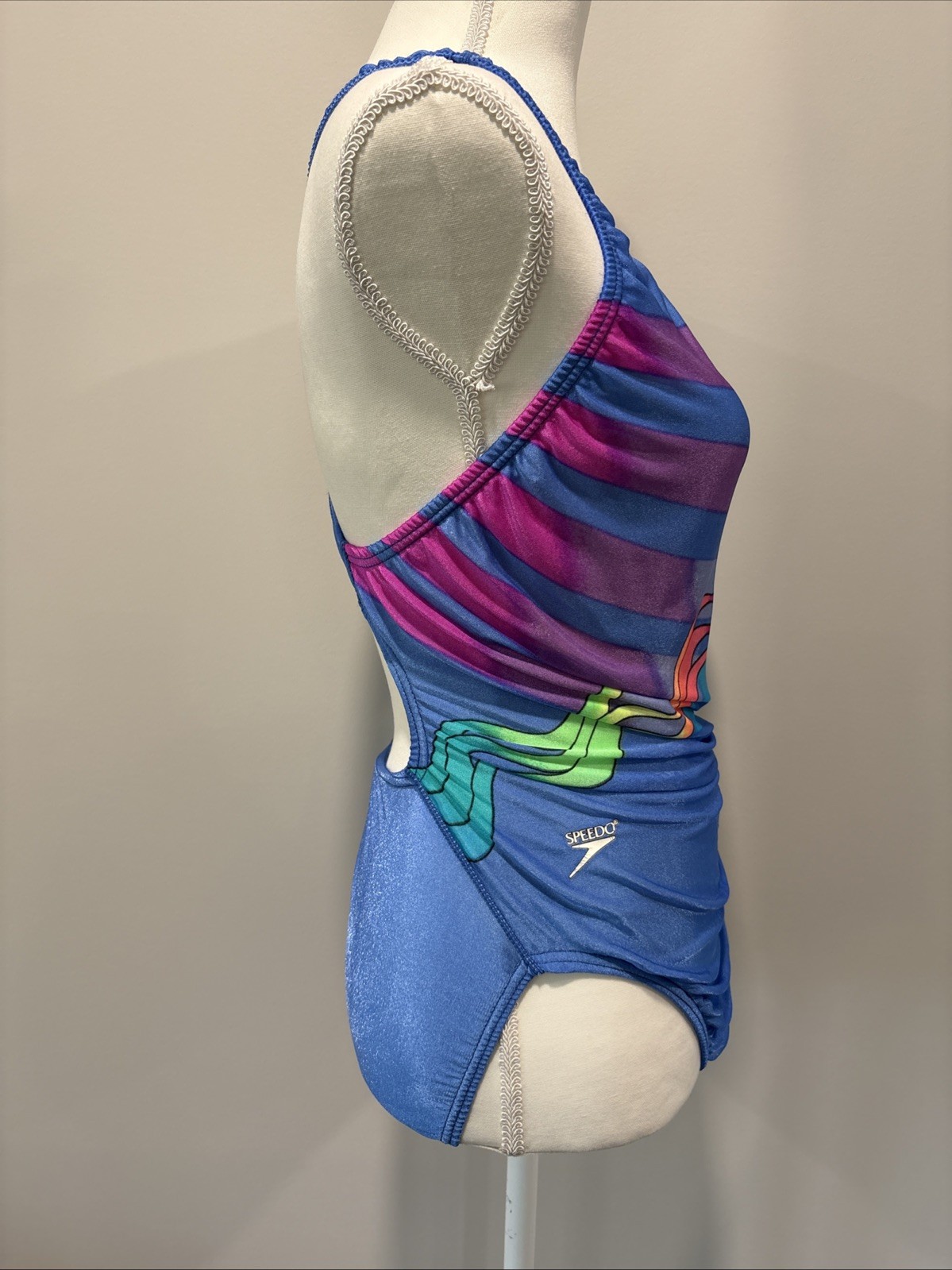 Vintage 90&rsquo;S SPEEDO Womens 14 38 Blue Vaporwave Rainbow Racerback USA Antron