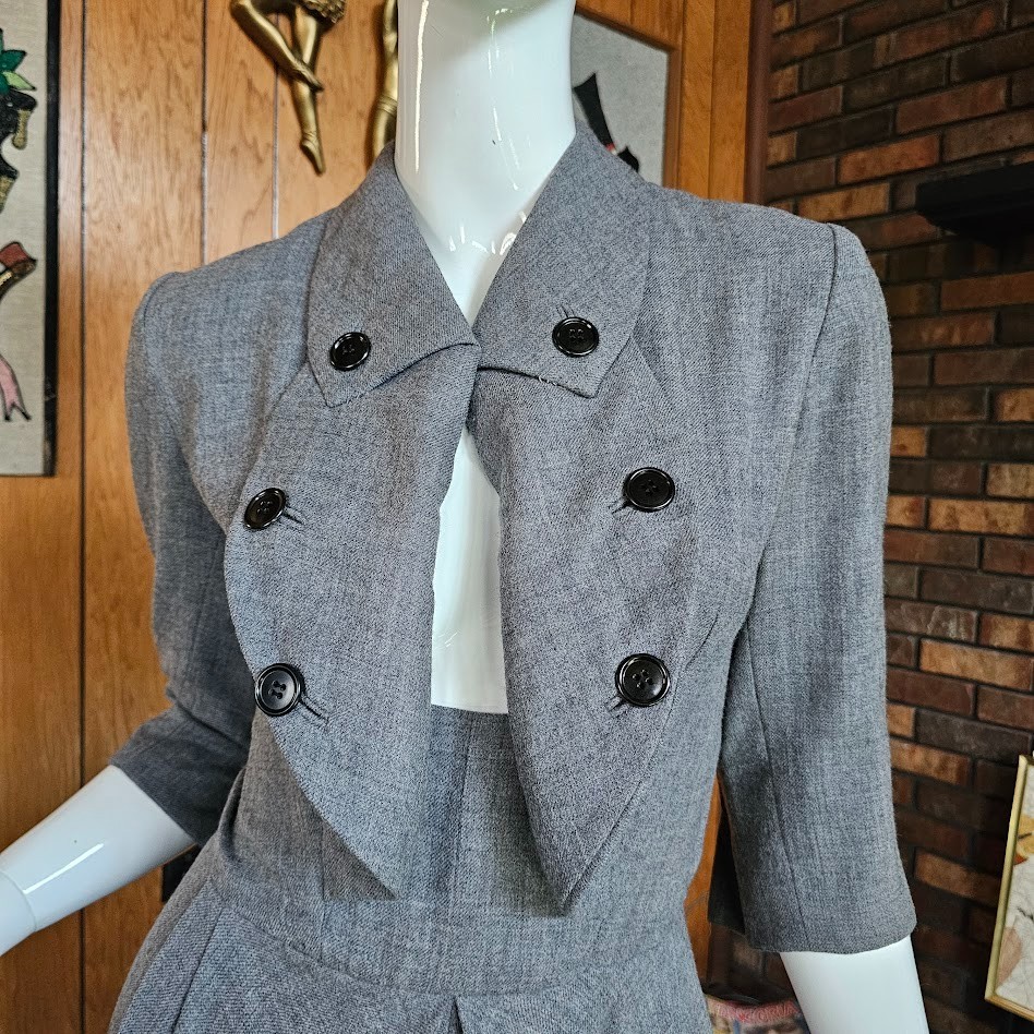 Vtg 40s 50s Wing Cuff Gray Wool Full Skirt Victory Suit Carlye Coat Dress XS/S