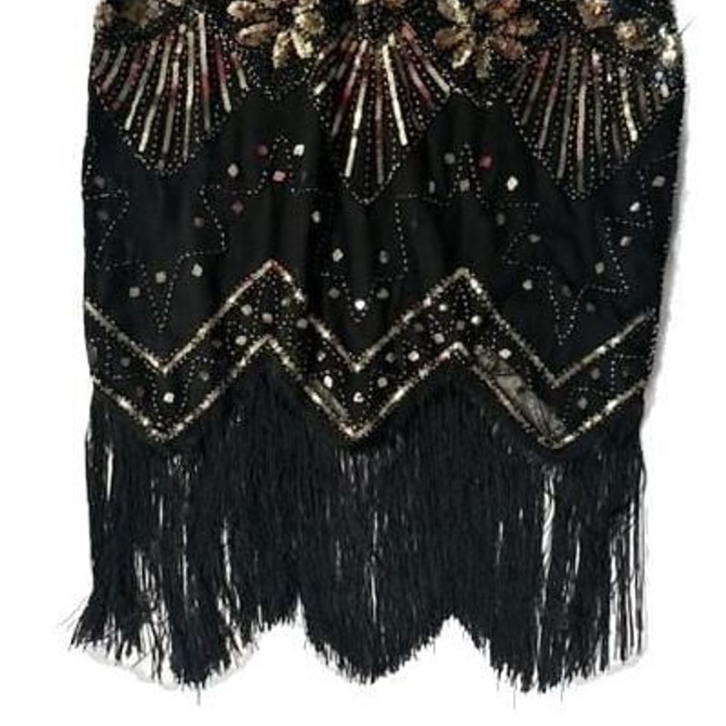 1920s Flapper Style Sequin Fringe Dress Black Gold Size XXL
