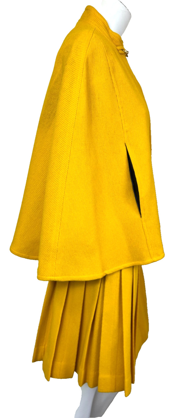 60s Wool Skirt & Cape Set Size Small Yellow Ribbed Lined Covered Button Placket