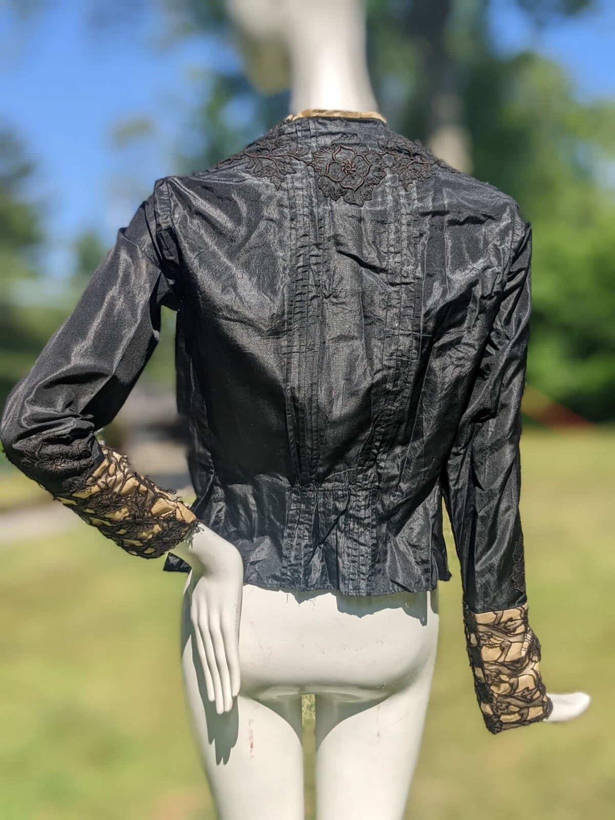 EDWARDIAN BLACK SILK TAFFETA JACKET W EMB FLORAL CUTOUT BLACK CHIFFON