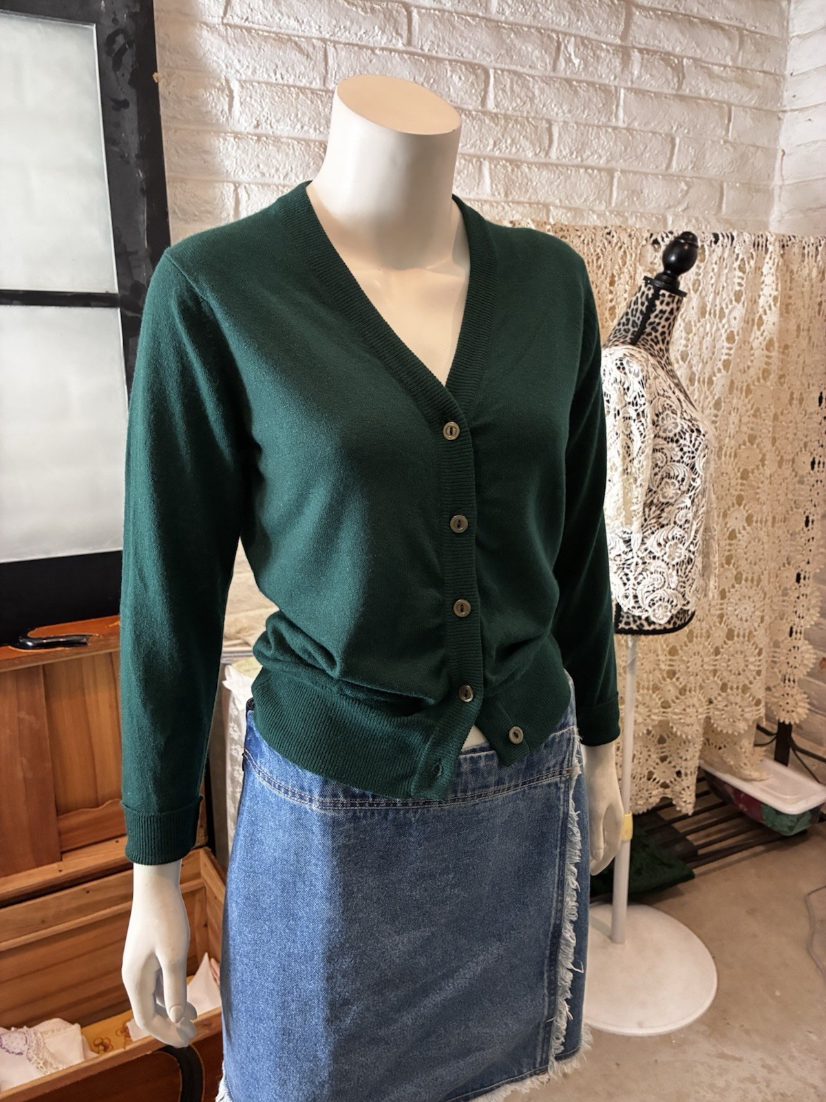 Vintage Harrods Wool Cashmere Blend Cardigan Dk Green S