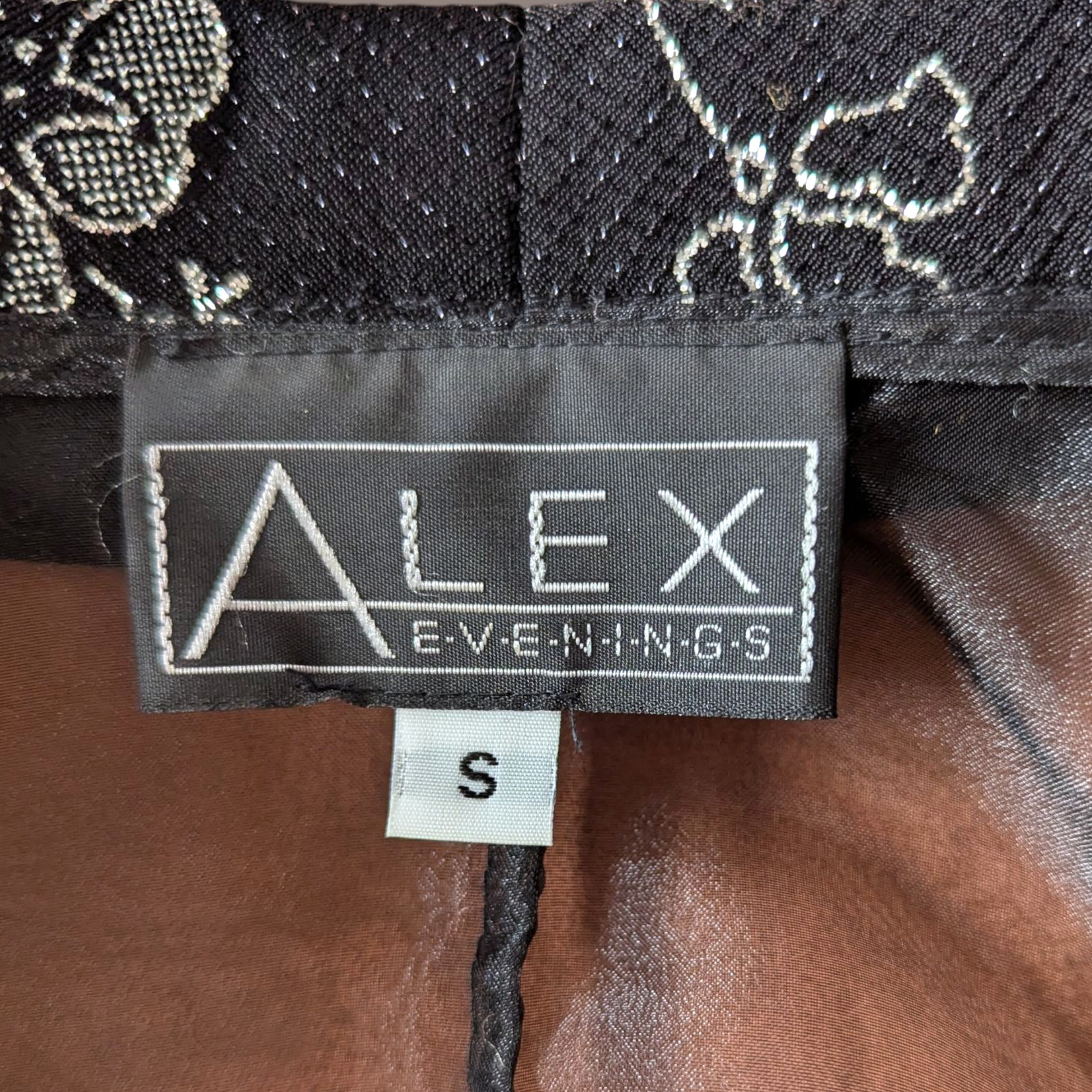 Alex Evenings Sheer Black Floral Jacket Silver floral print Size Small