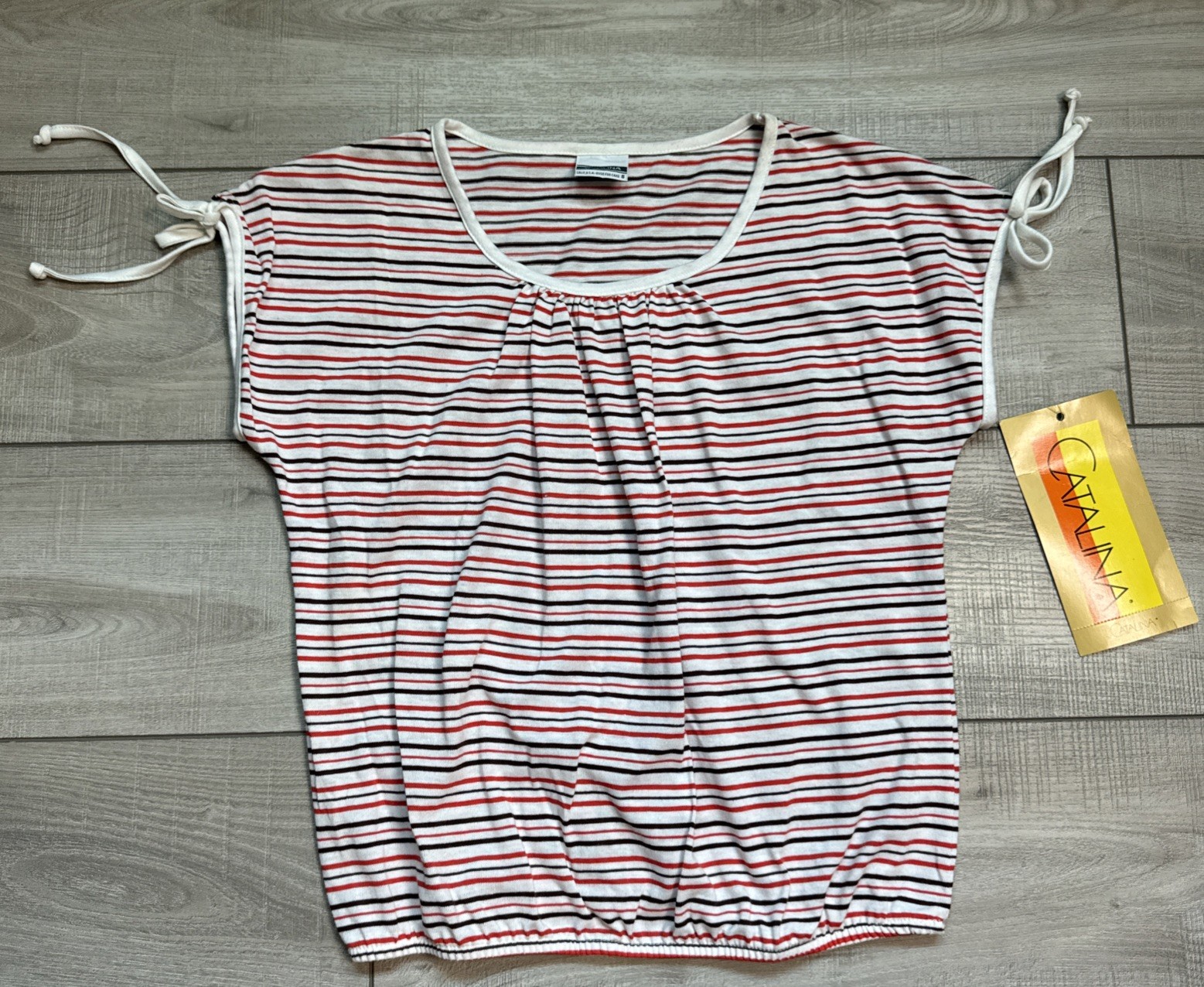Vintage 70s Catalina Striped Bubble Hem Top Bow Tie Sleeves Womens S Red White