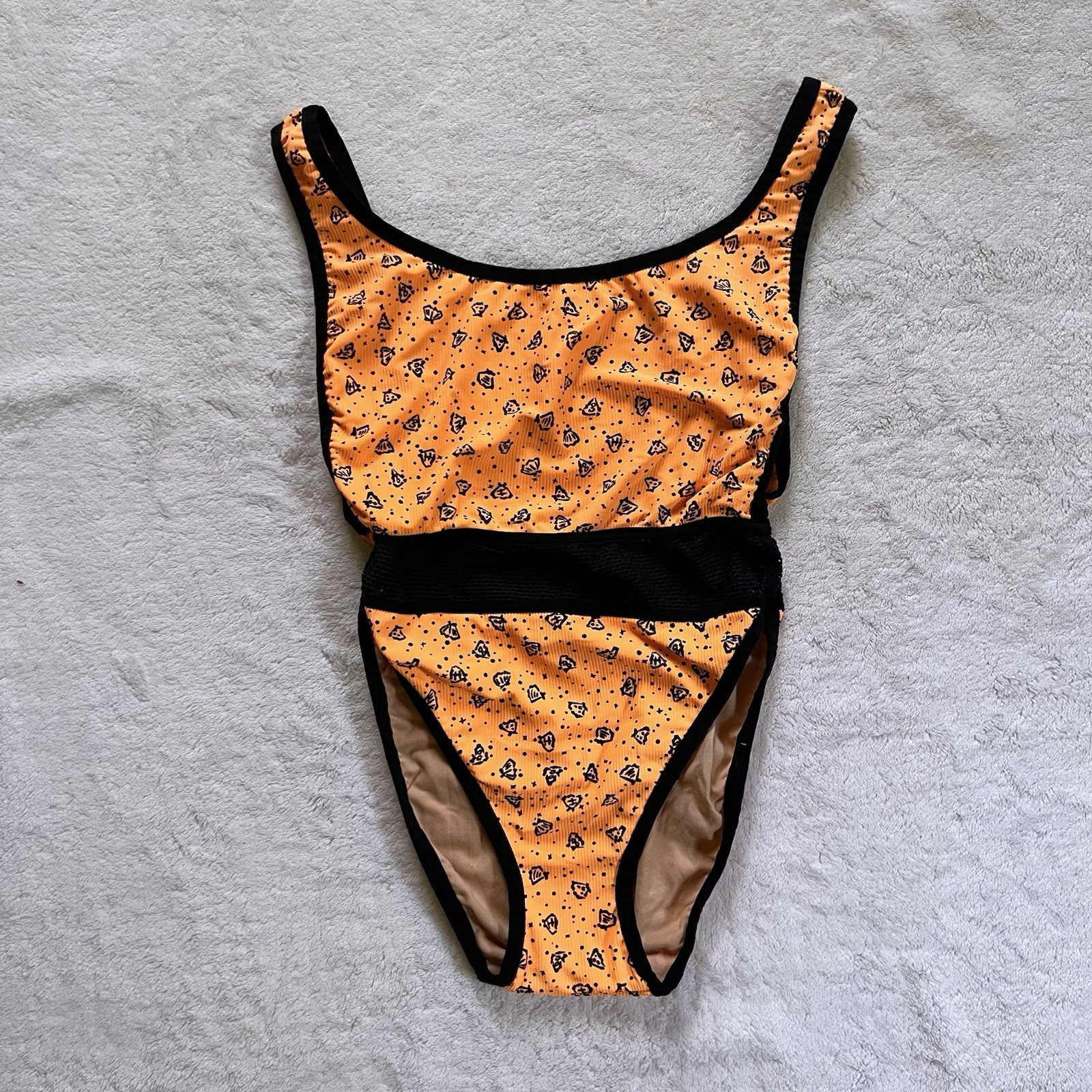 90s Vintage Orange Seashell Print High Cut One Piece Swimsuit S/M