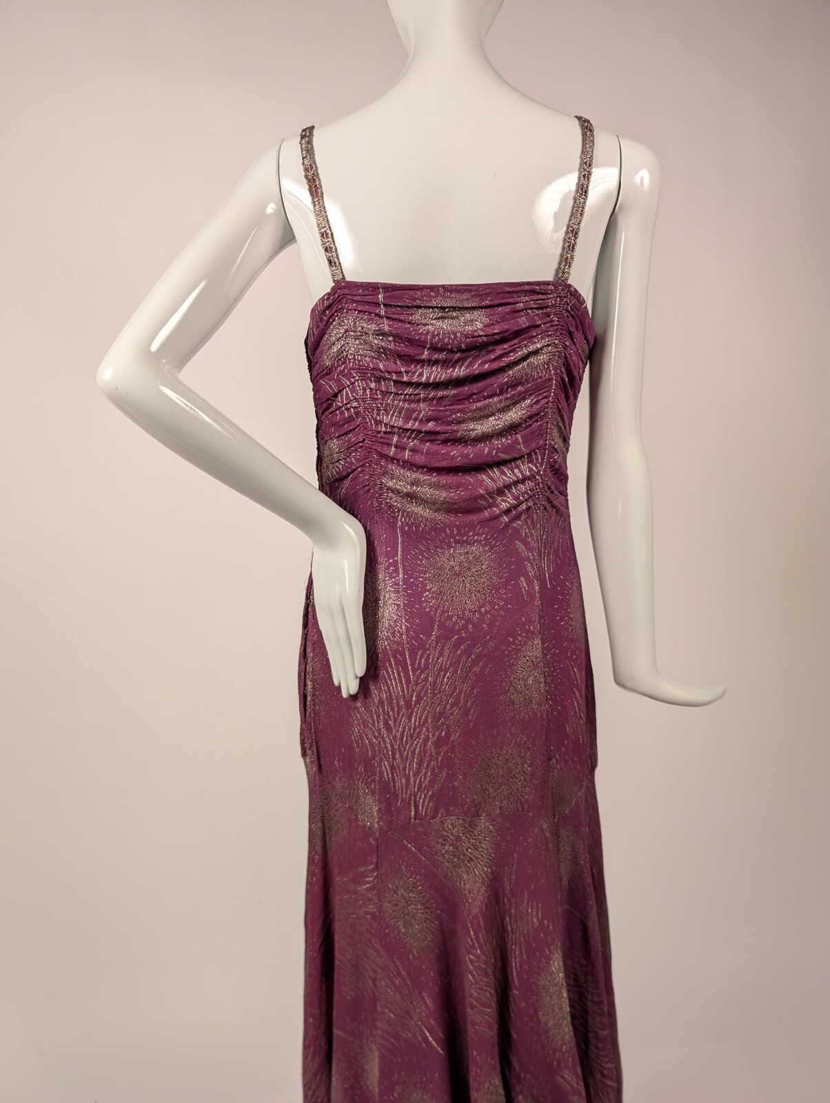 HOLLYWOOD GLAMOUR 1930’S METALLIC GOLD LAME BROCADE FUCHSIA LONG DRESS 