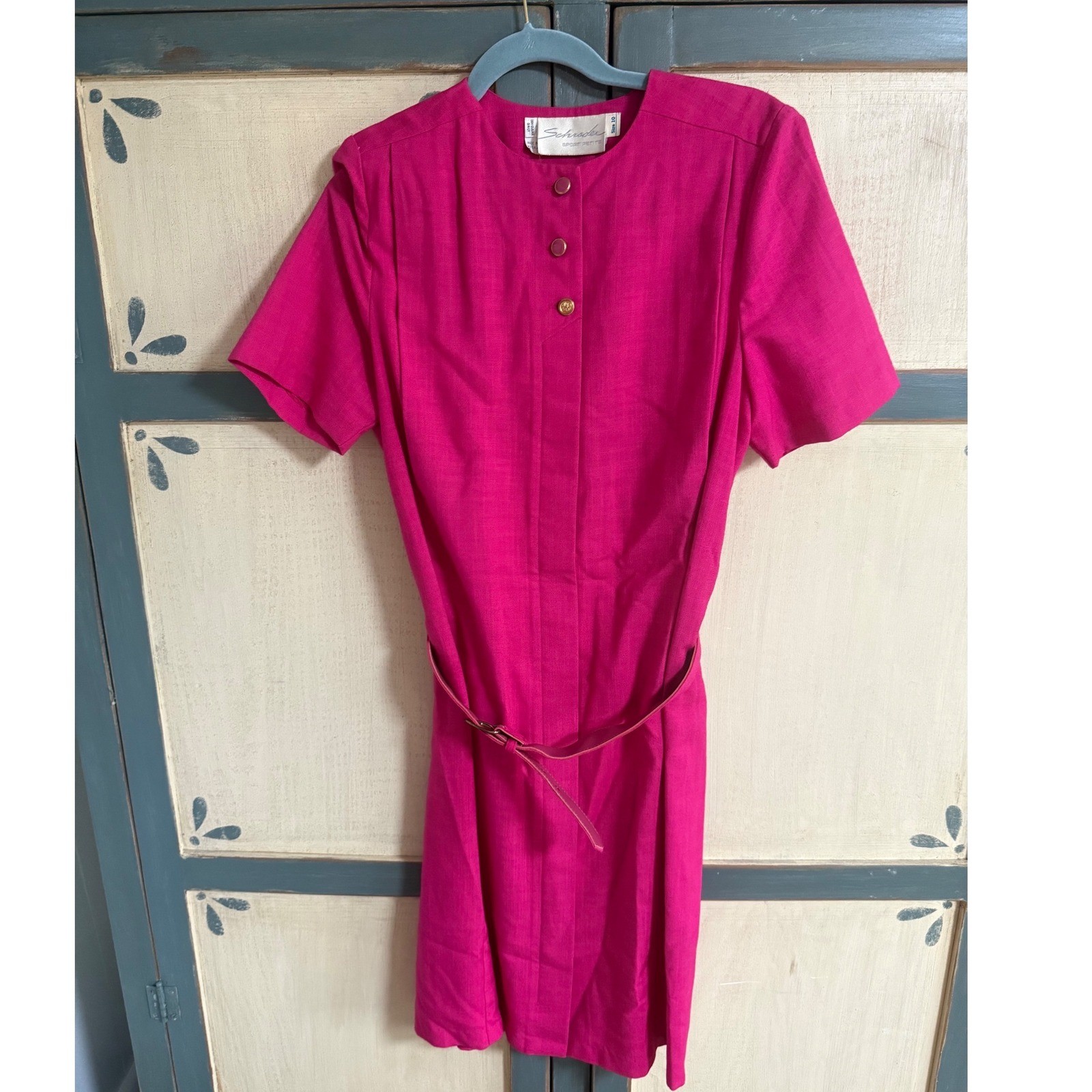 Schrader Sport Petite Vintage Pink Button Front Belted Shift Dress 10 Office