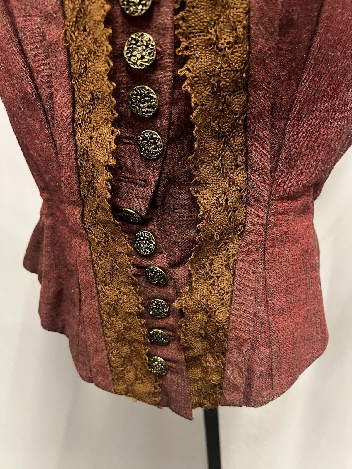 1880’s Winter Wool Bodice For Bustle Gown. Red/Brown With Black & White