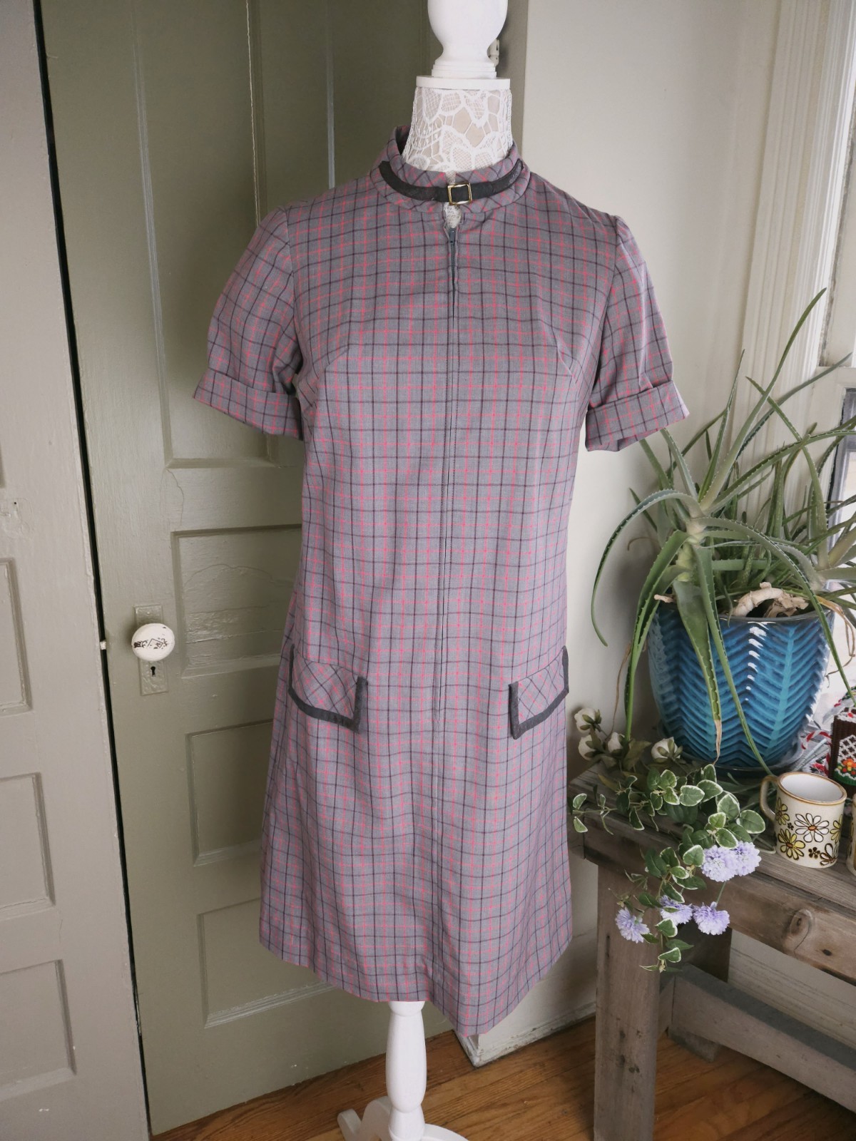 Trends By Jerrie Lurie Vintage Retro Grey Burgundy Plaid Dress Women&rsquo;s S/M