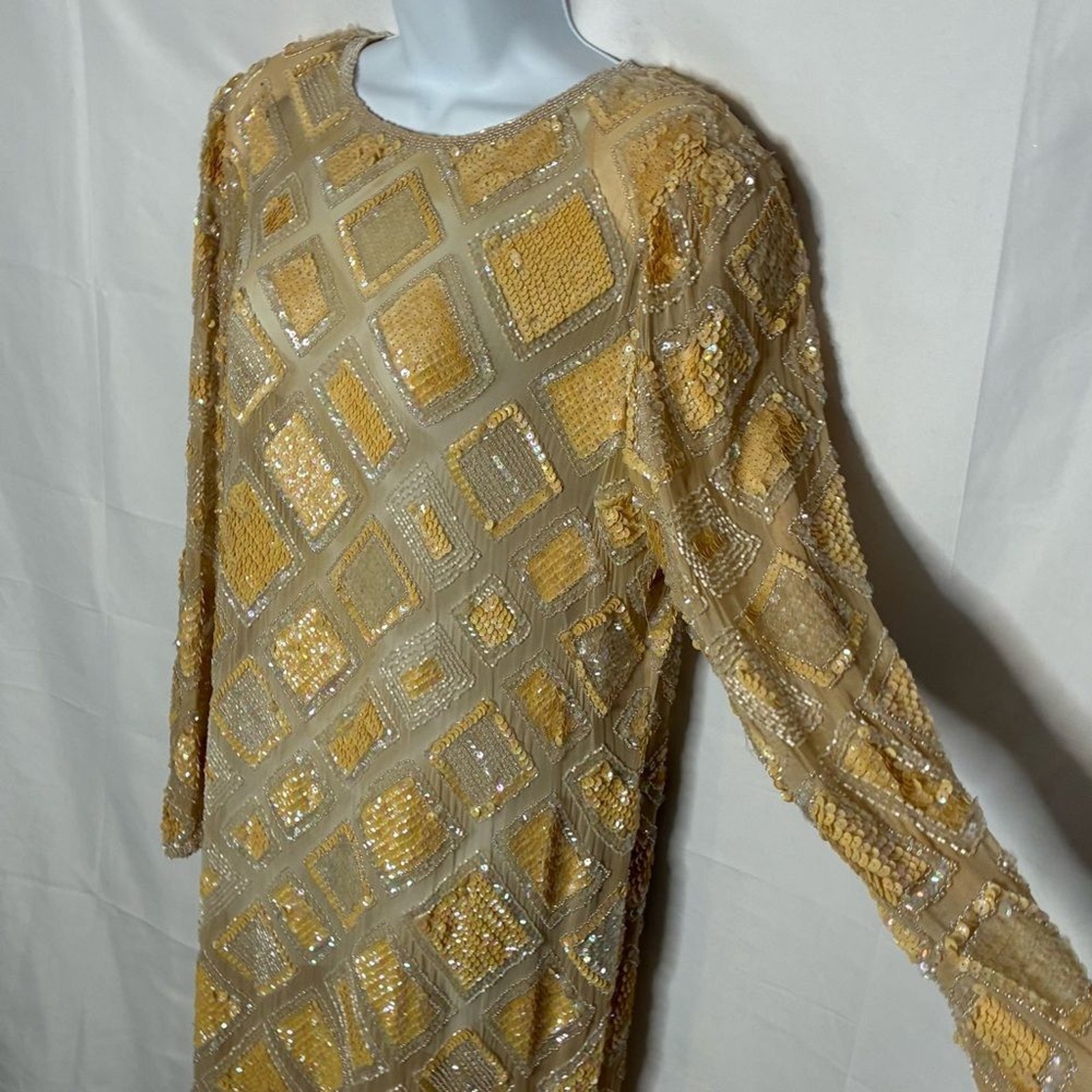 Vintage Gold Sequin Dress size Large SEE DESCRIPTION Sheer Disco Statement Piece