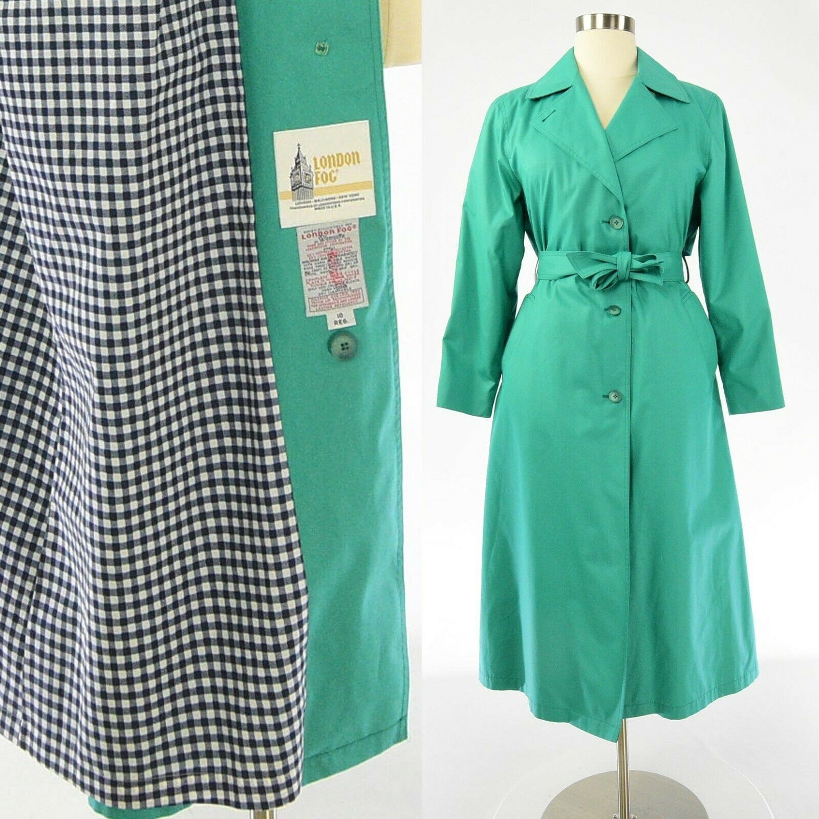 70s Vintage Womens 10 Green London Fog Trench Coat Caped Raincoat Emerald Size M