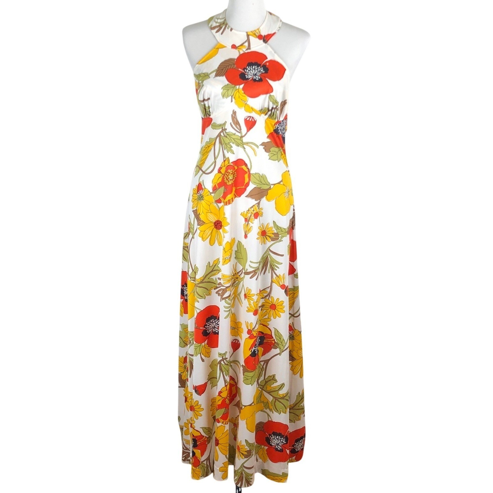 VTG 70s Floral Poppy Open Back Round Neck Halter Maxi Dress Sz S/M White