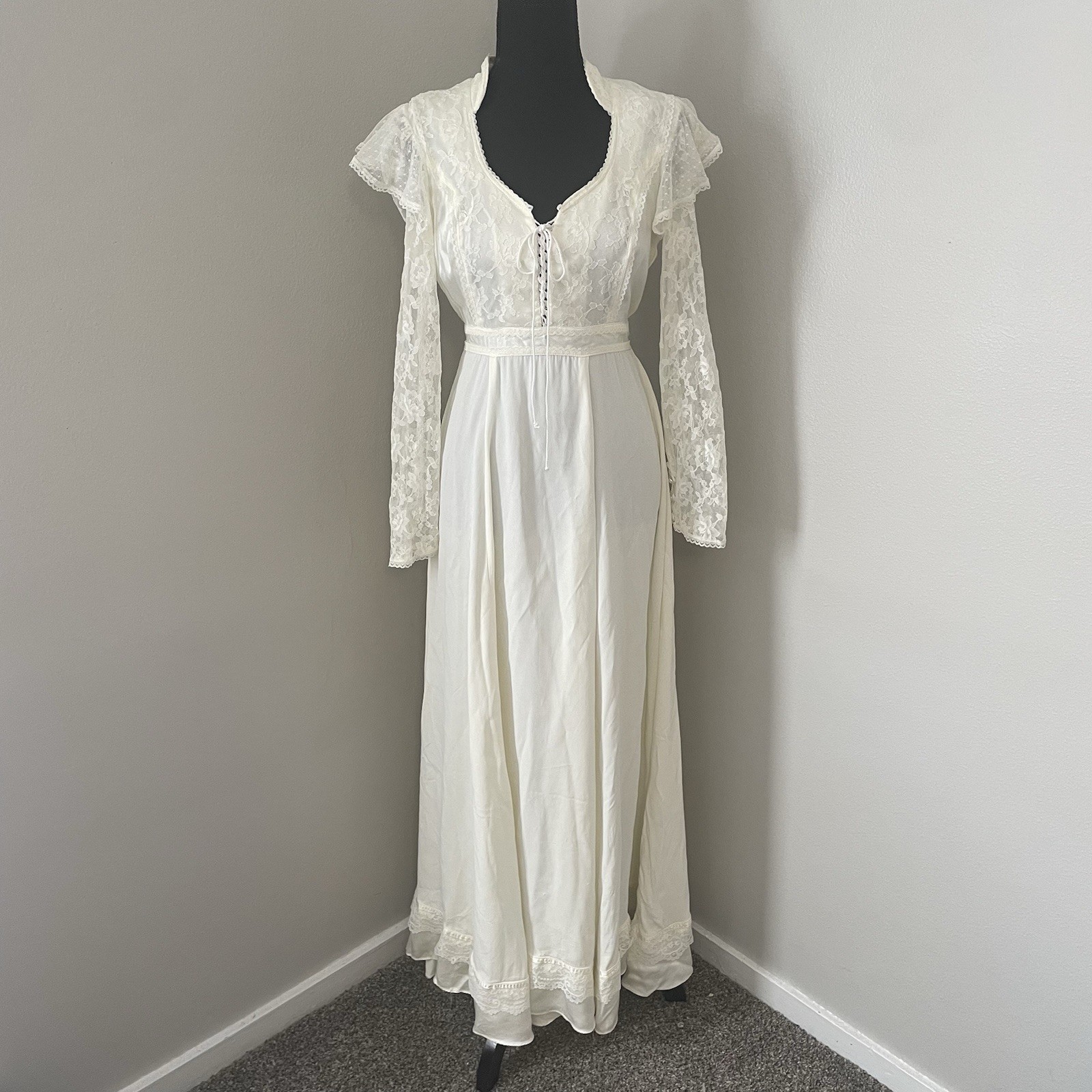 VTG GUNNE SAX 70s Romantic Lace Maxi Dress Victorian Prairie Ivory Sz 13/Med